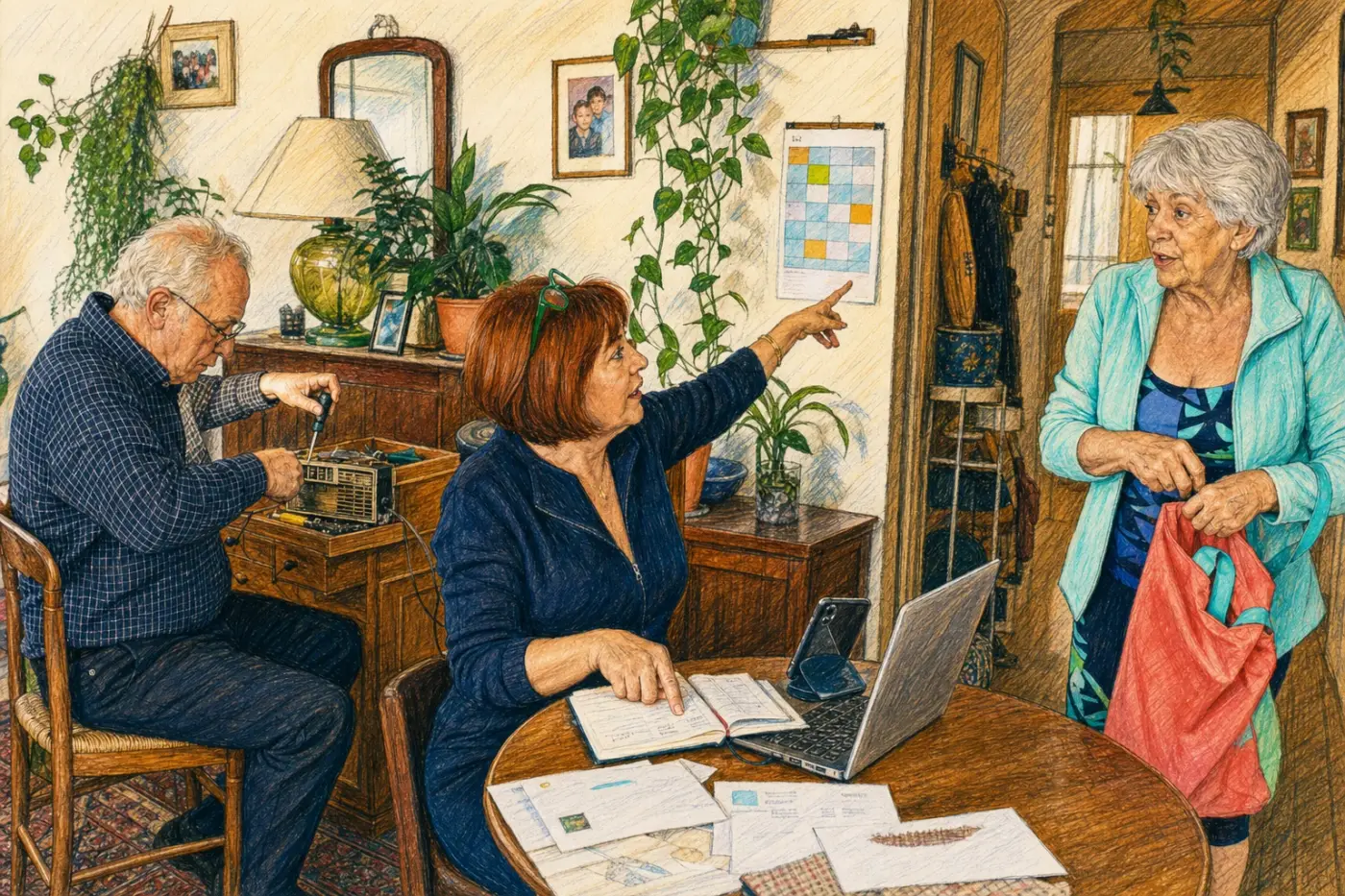 Une femme organise avec ses parents âgés les aides de leur quotidien.
