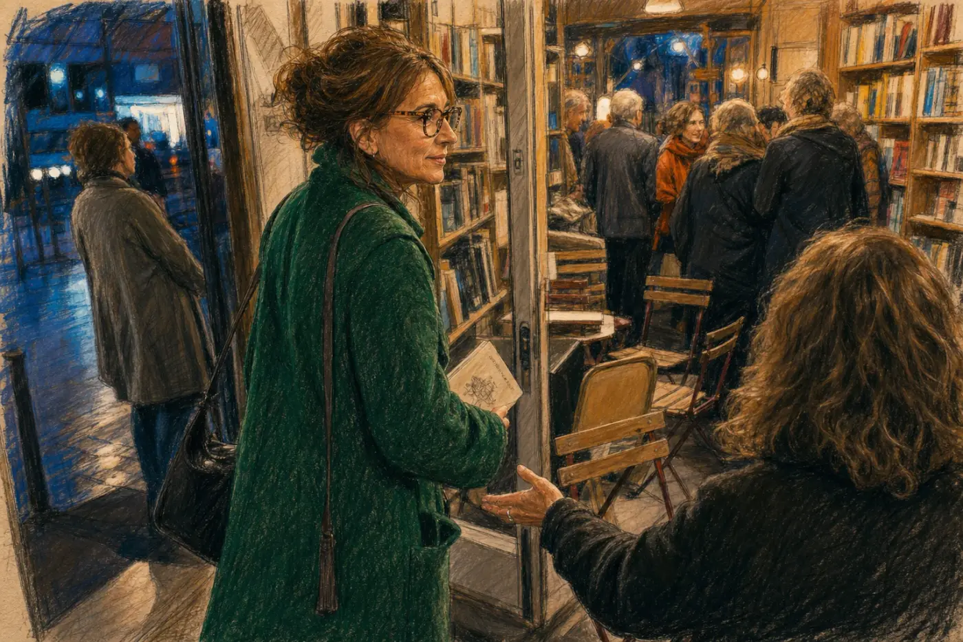 Une femme entre seule dans une librairie où commence une rencontre et une autre participante lui fait une place.