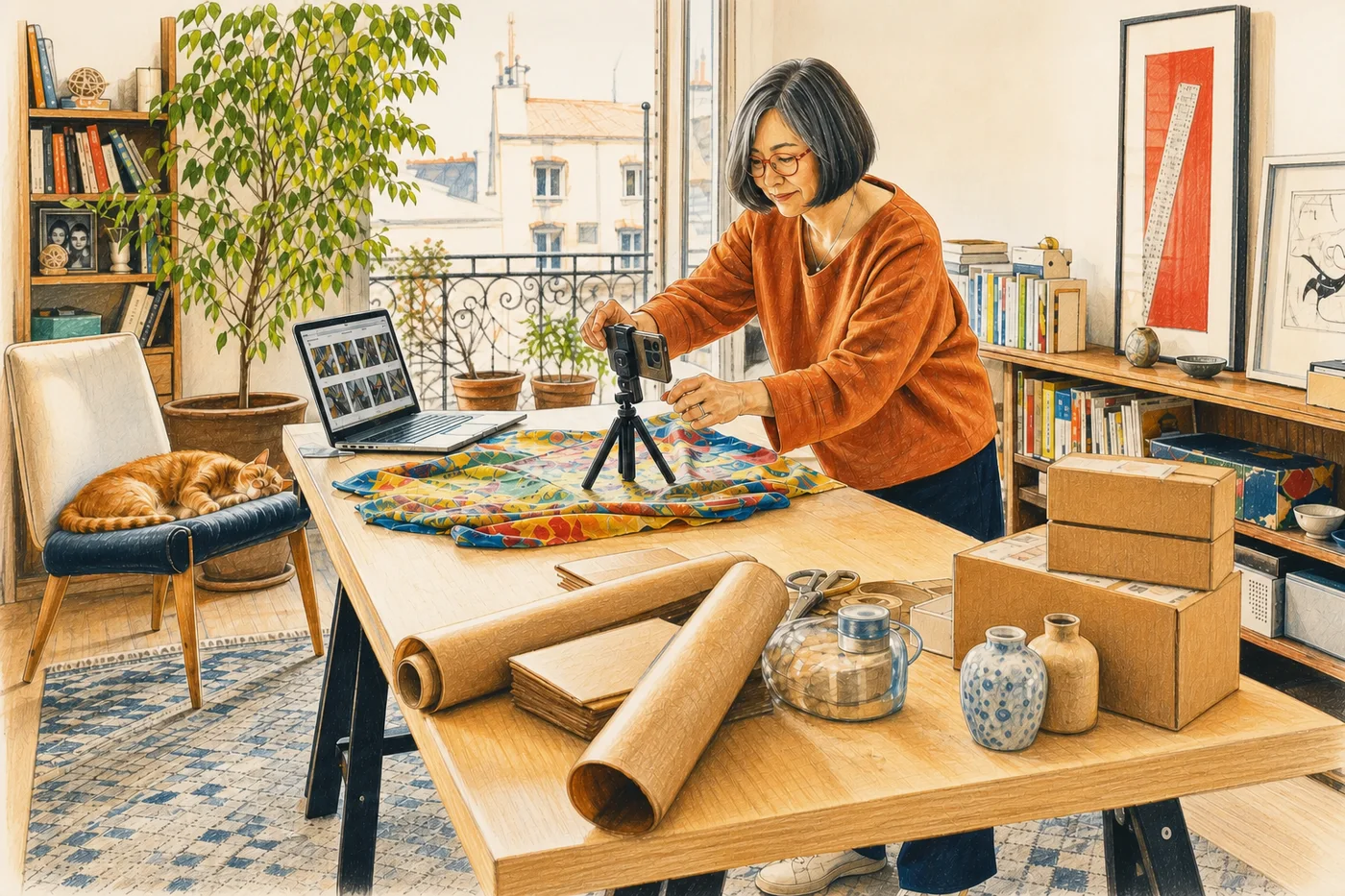 Une femme photographie des textiles pour sa boutique en ligne depuis son appartement.