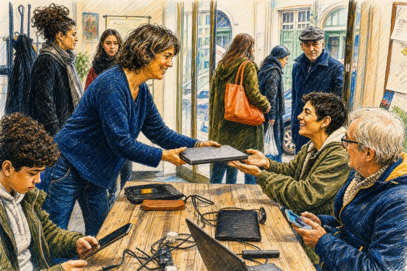 Une femme remet un ordinateur réparé dans une association de quartier fréquentée par plusieurs générations.