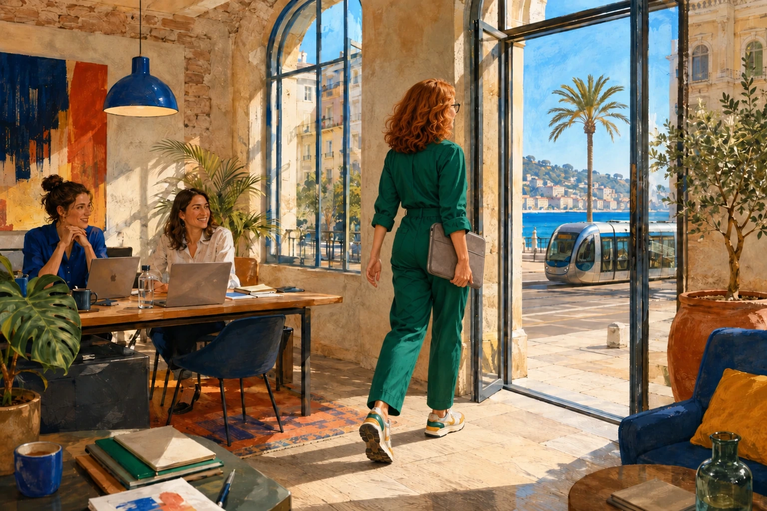 Une femme rousse en combinaison verte quitte un bureau, vue de trois quarts dos, la tête tournée vers la sortie et un ordinateur sous le bras.