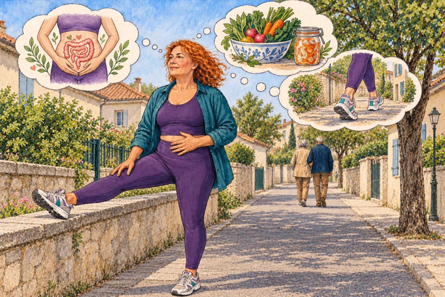 Une femme rousse étire sa jambe dans une rue de village ordinaire, entourée de trois bulles illustrant la digestion, les légumes fermentés et la marche.