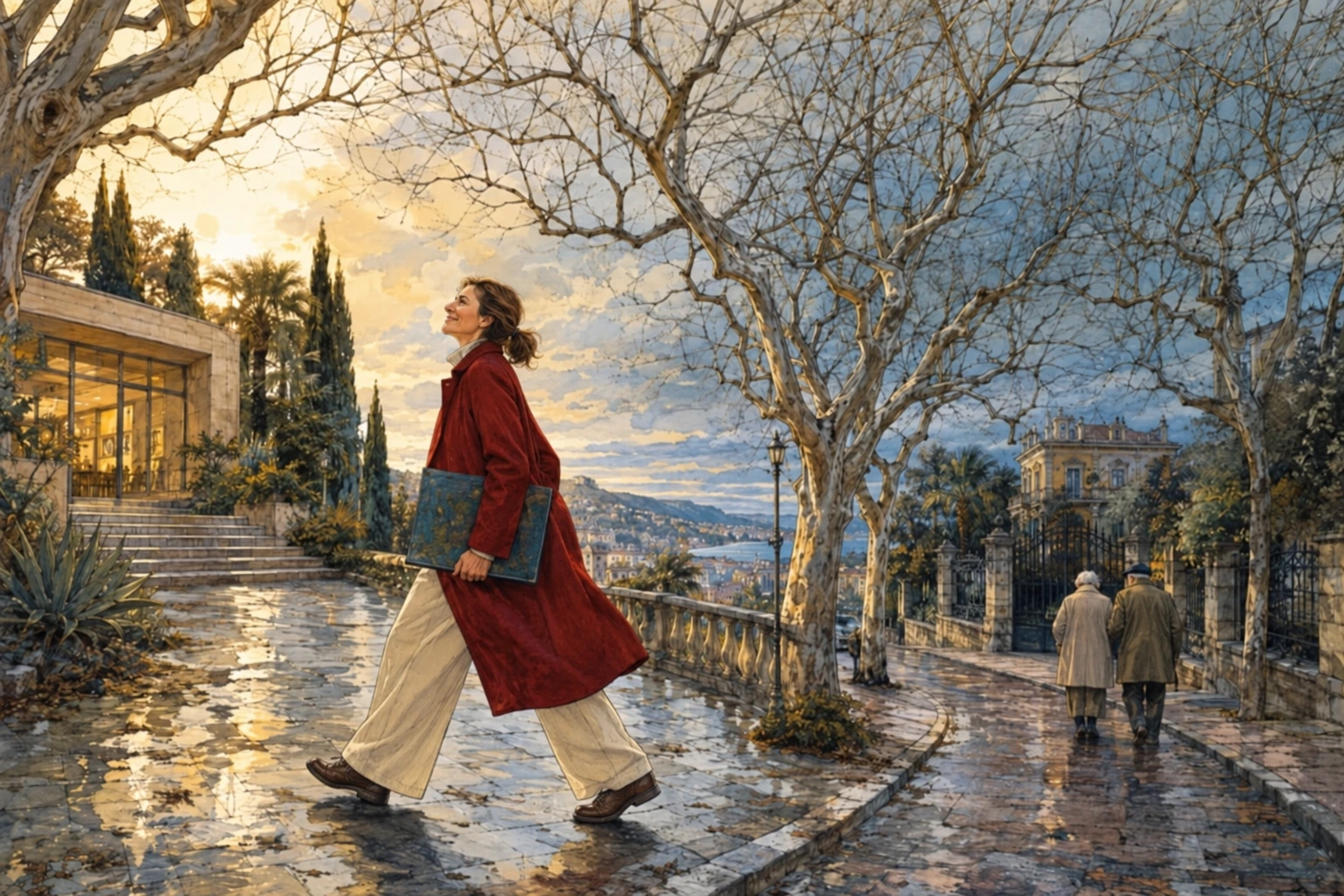 Une femme aux cheveux attachés marche en manteau rouge et souliers de cuir sur une rue hivernale humide.