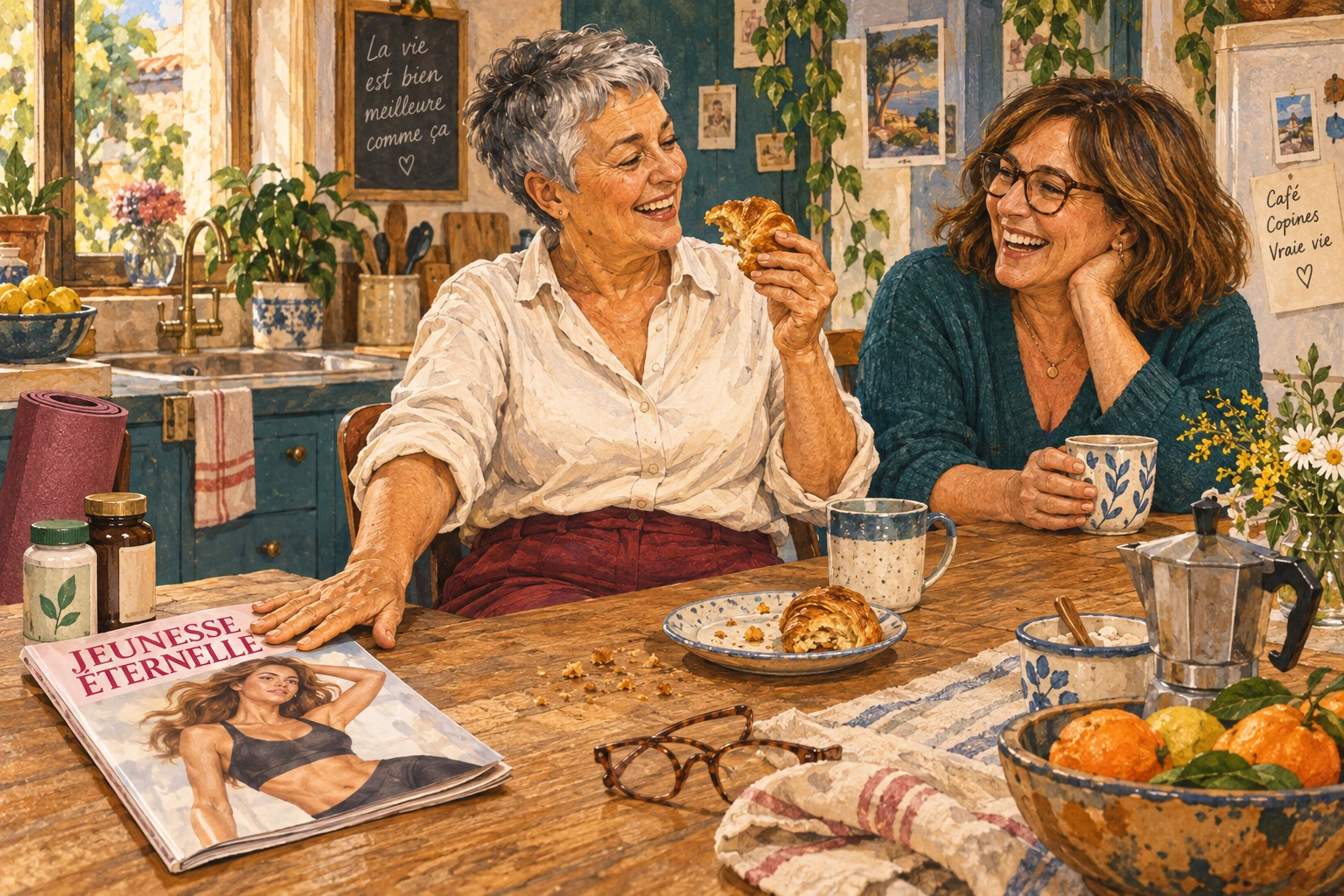 Deux femmes rient autour d’un café tandis que l’une écarte un magazine promettant la jeunesse éternelle et savoure un croissant.