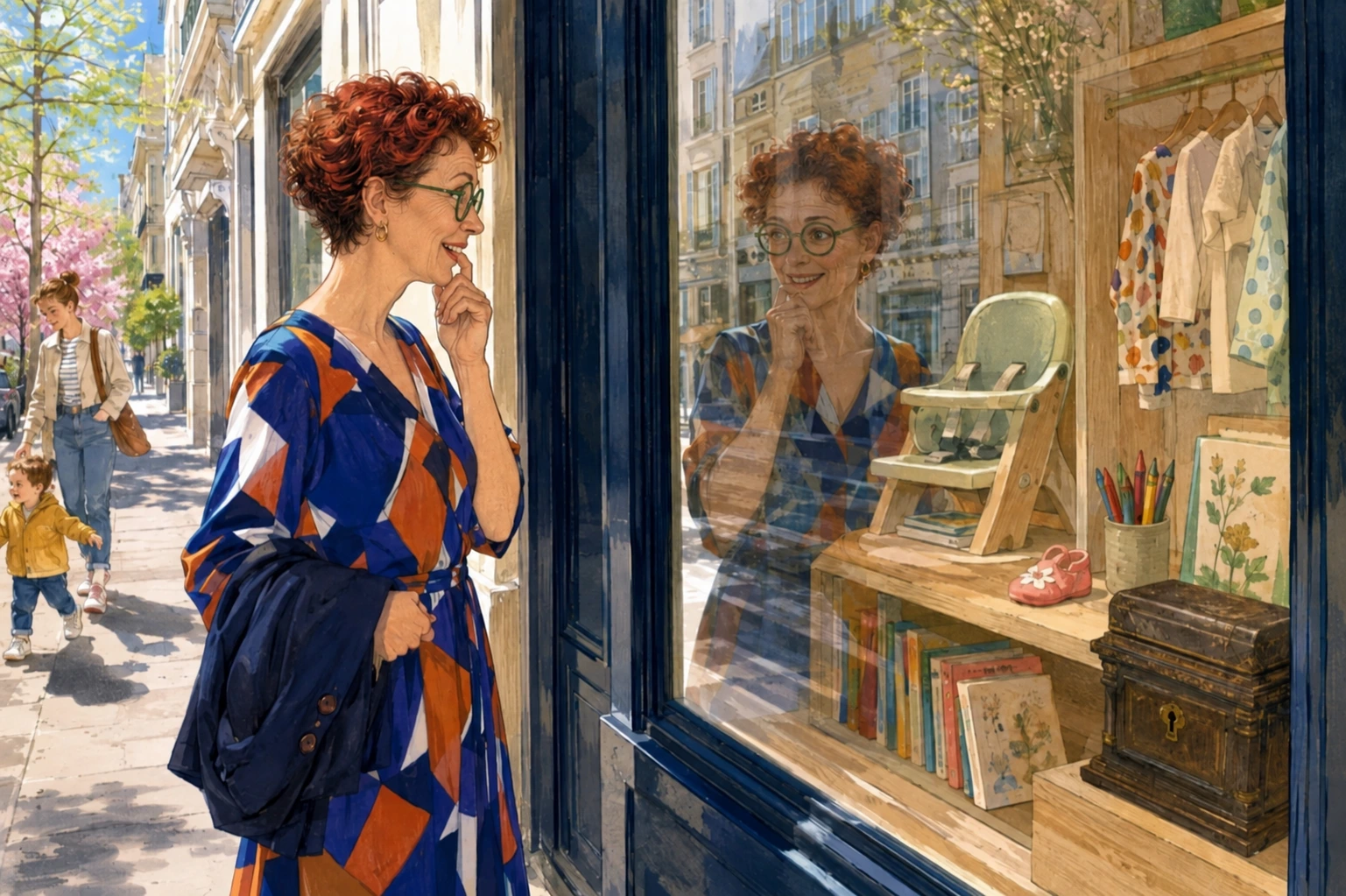 Une femme rousse au visage mûr regarde une vitrine pour enfants et son reflet dans la vitre.