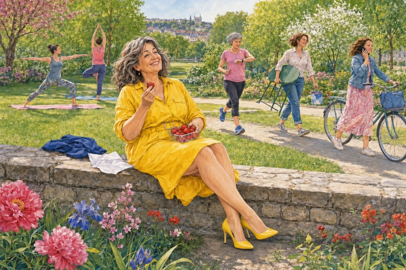 Une femme en robe jaune et escarpins jaunes à hauts talons savoure des fraises dans un jardin printanier animé.