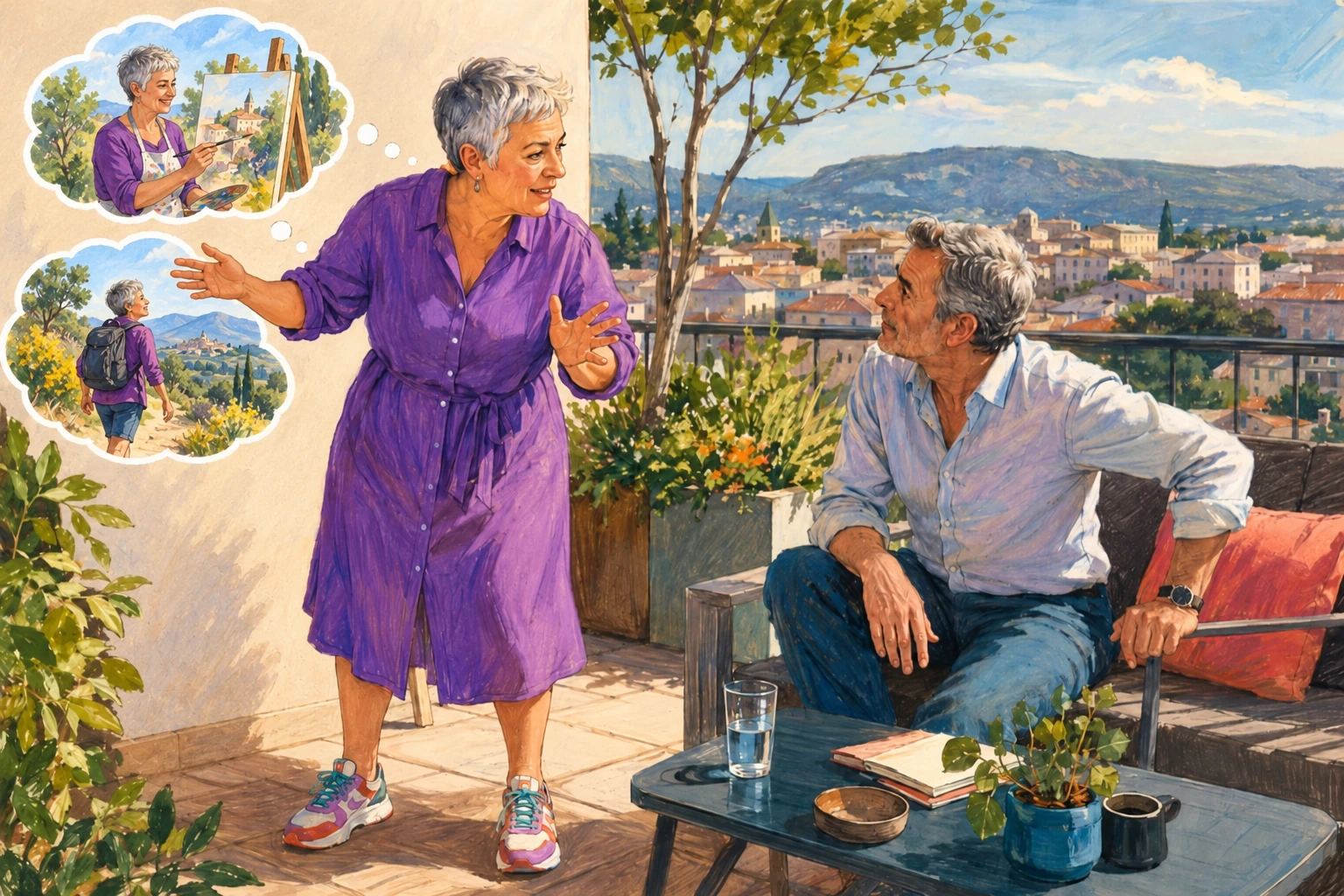 Sur une terrasse, une femme explique ses envies à son conjoint ; deux bulles la montrent en train de peindre et de marcher.
