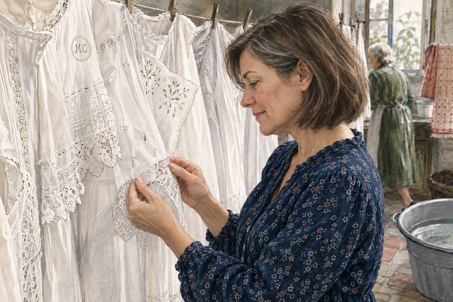 Une femme de 58 ans examine des chemises anciennes brodées, tandis qu’une vieille dame se tient près de la fenêtre au fond.