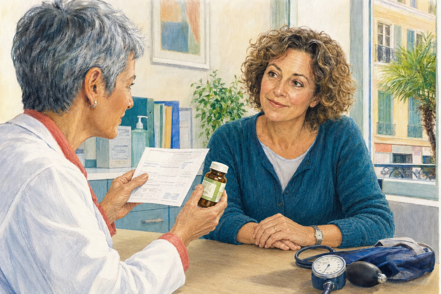 Dans son cabinet, une médecin tient une ordonnance et un flacon de vitamines devant une patiente attentive.