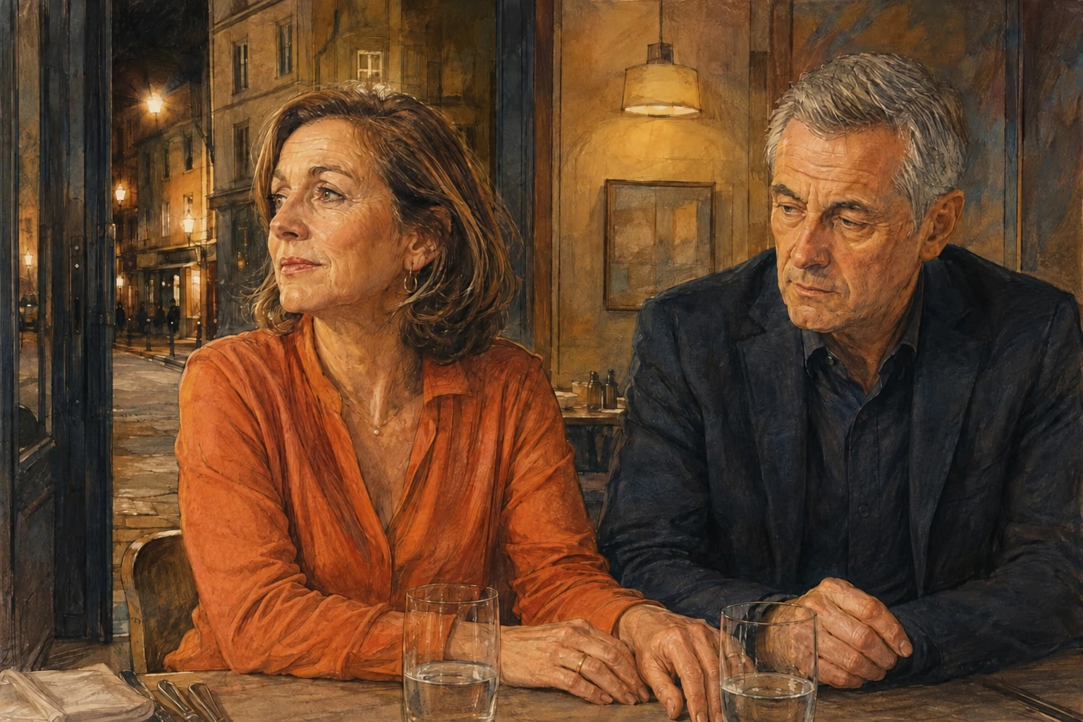 Un couple mûr, pensif et silencieux, est assis à une table de restaurant avec deux verres d’eau.
