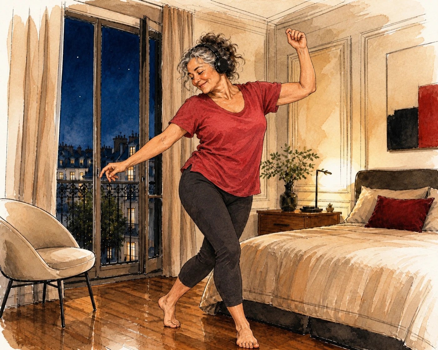 Une femme de 58 ans danse librement au casque dans sa chambre, avant l’aube.