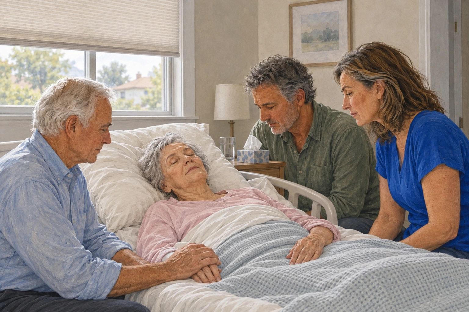 Une famille veille une femme âgée dans une chambre contemporaine sobre.
