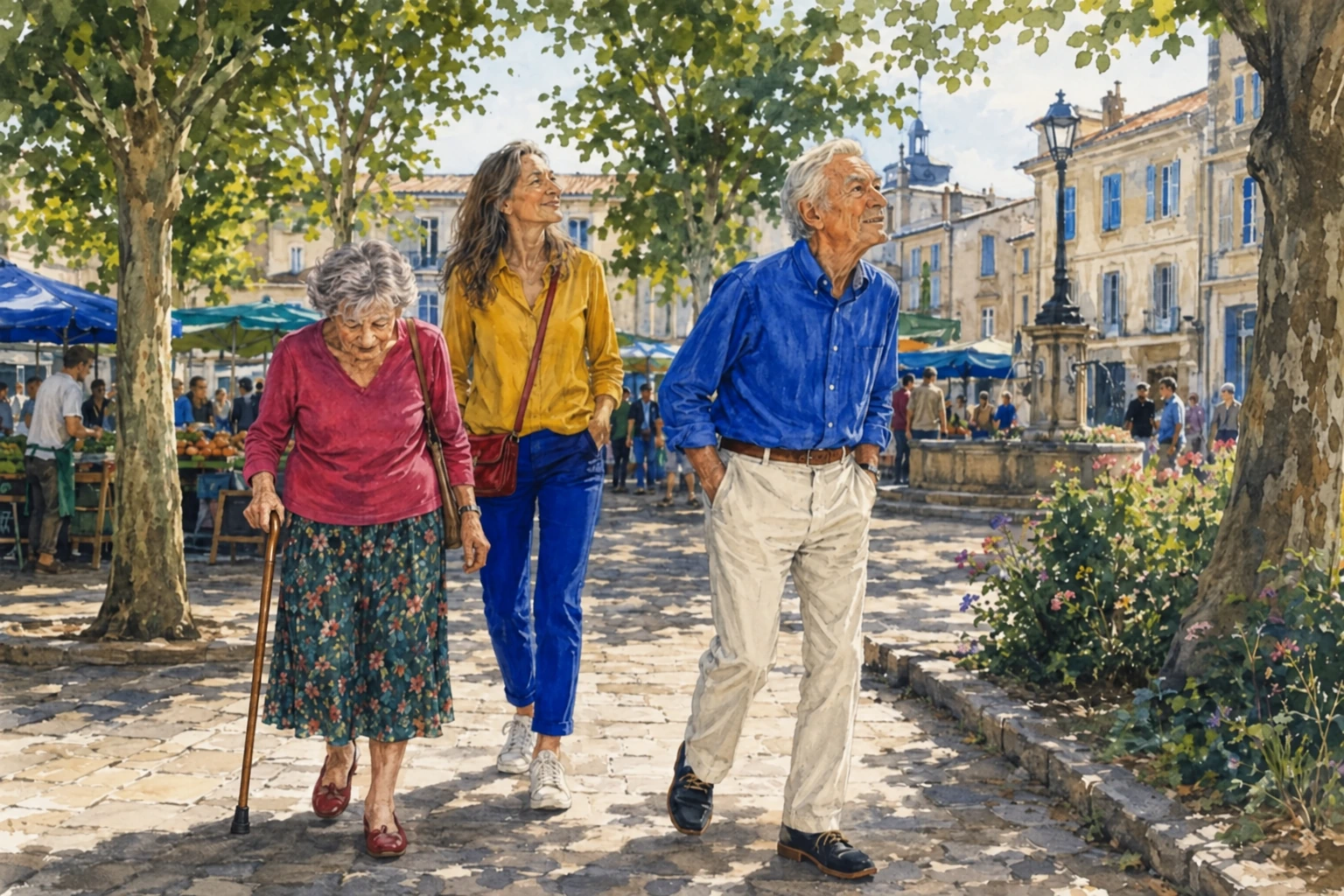 Une dame âgée marche avec une canne dans un marché, près de deux proches.