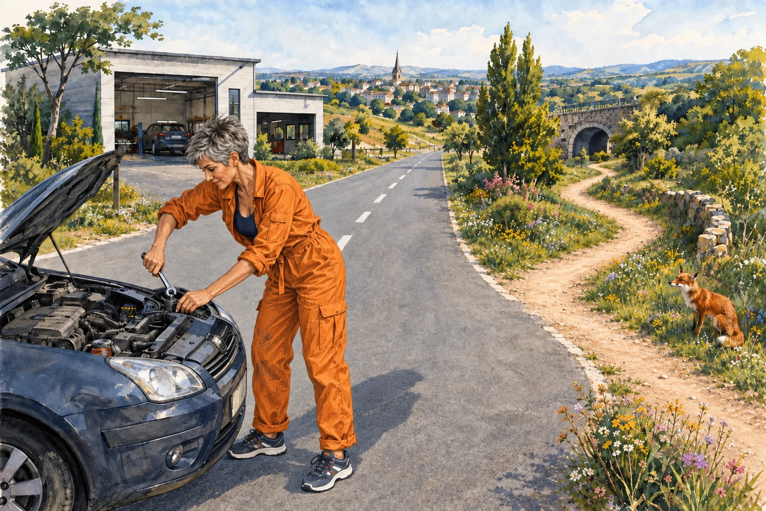 Une femme en combinaison orange répare le moteur d’une voiture au capot ouvert, près d’un garage et d’une route de campagne.
