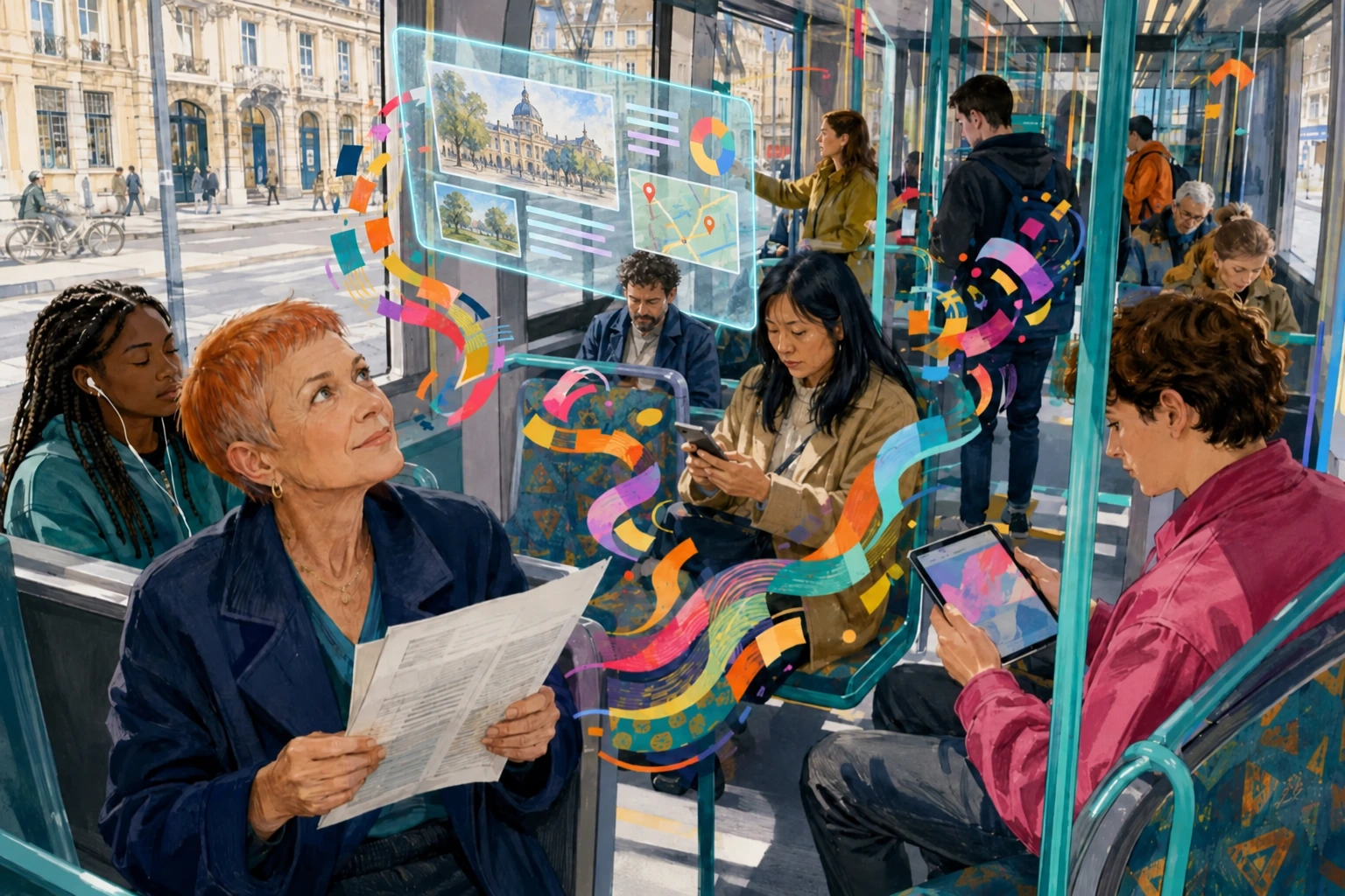 Dans un tramway, une femme tenant un journal observe un écran transparent suspendu parmi les usages numériques.