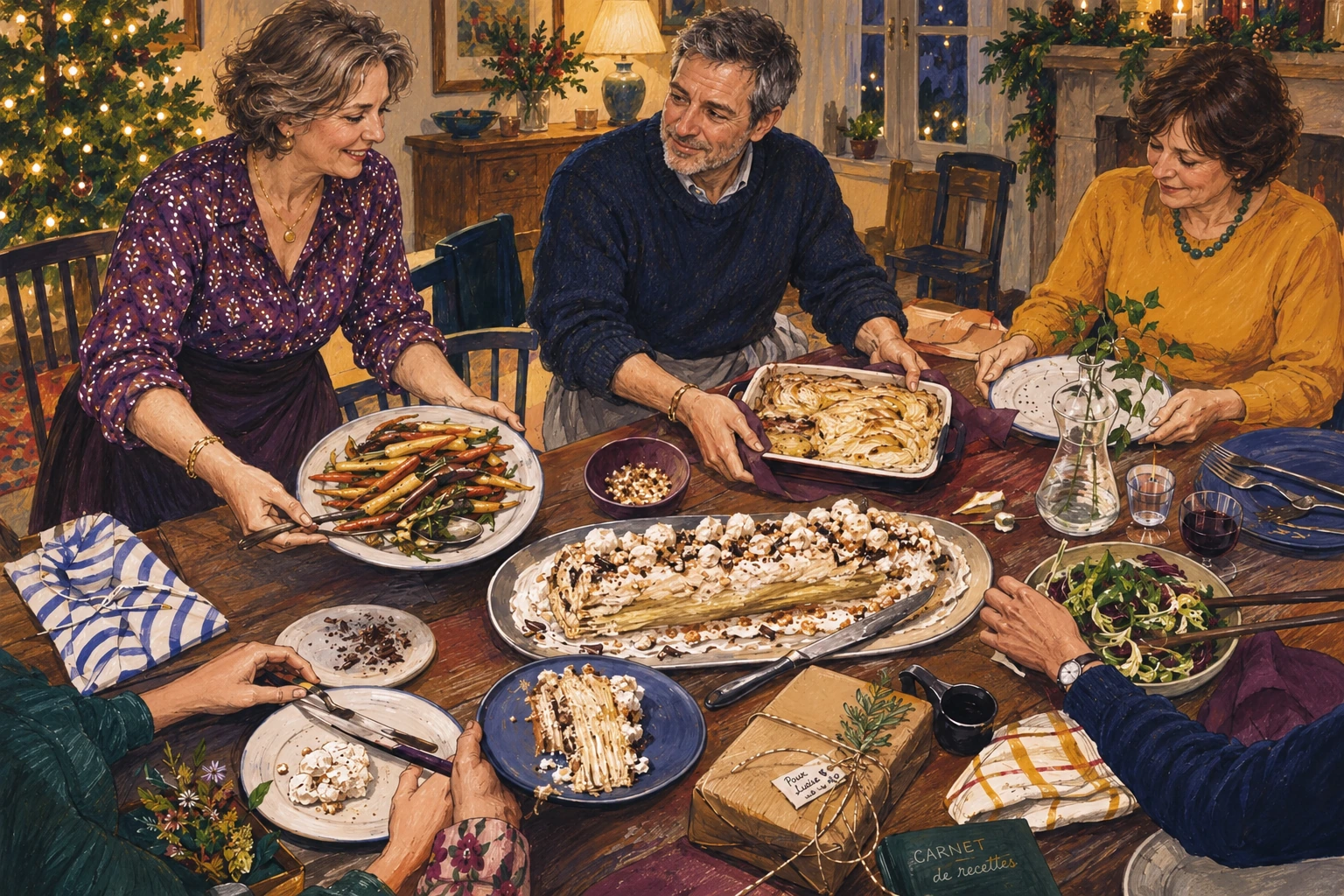 Deux convives au visage visible, dont une femme en violet, apportent légumes et gratin autour d’une table de Noël garnie d’une bûche maison.