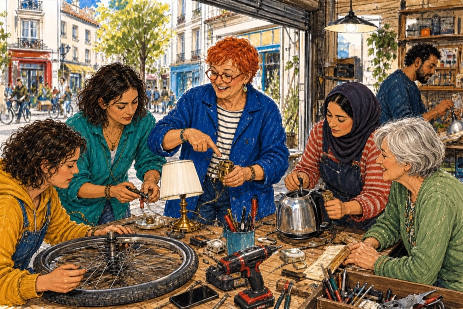 Dans un atelier de réparation bénévole, des femmes aux coiffures libres alternent sourires et concentration autour d’une roue, d’une lampe et d’une bouilloire.