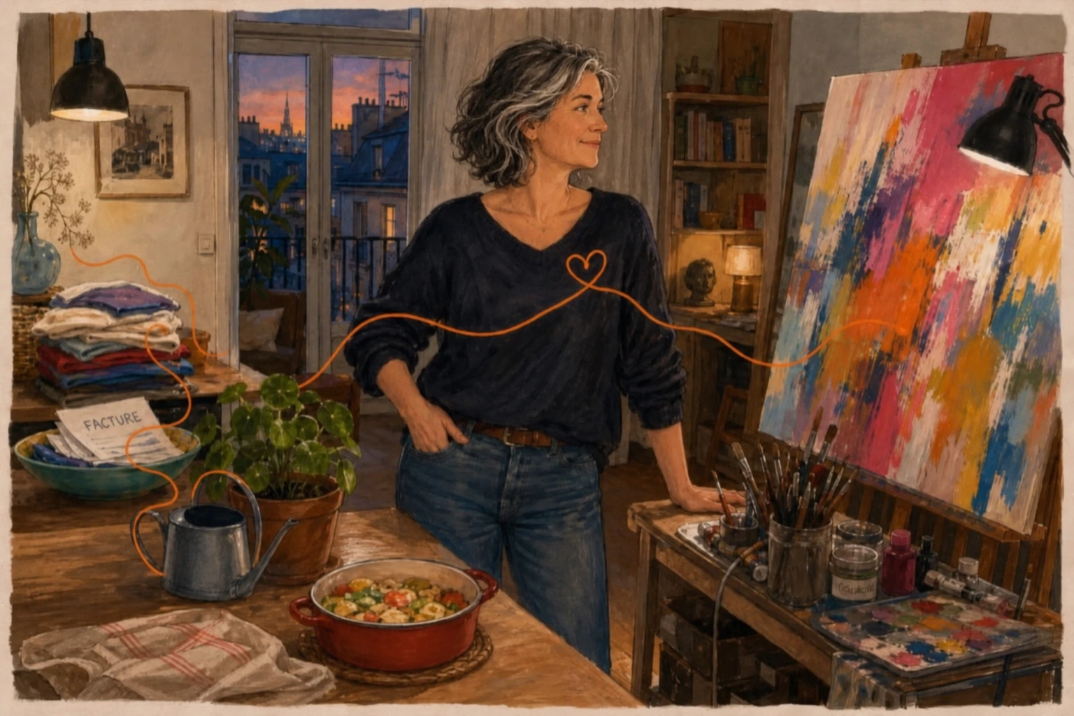 Une femme aux cheveux gris libres contemple sa toile dans un atelier où les tâches du quotidien côtoient la peinture.