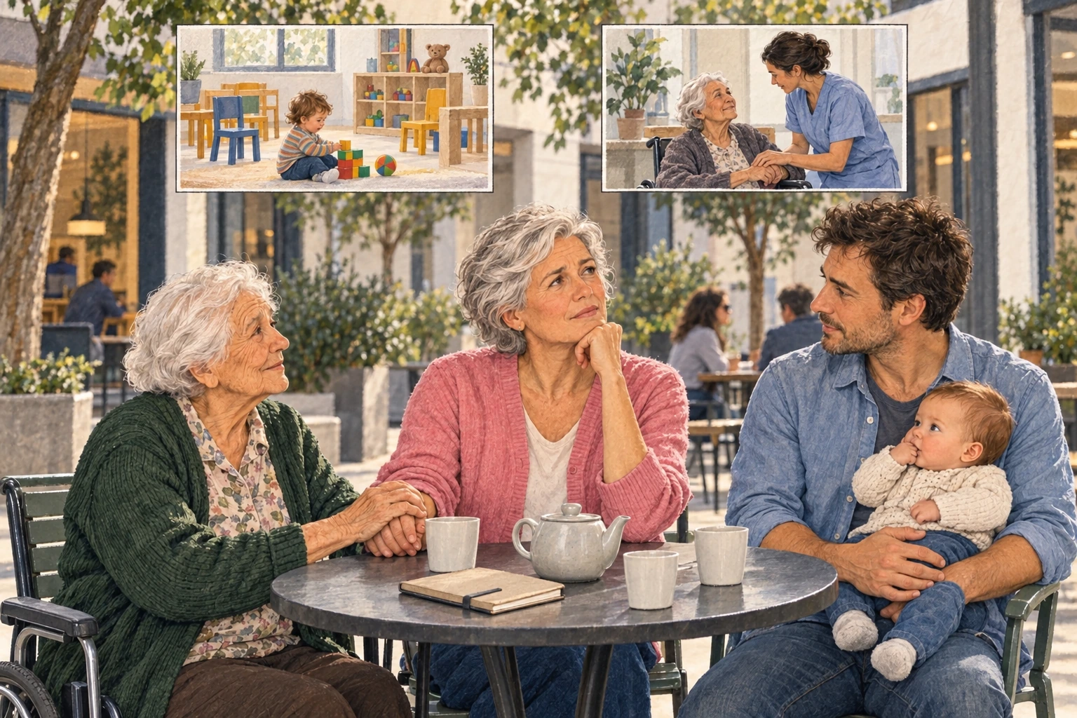 Deux femmes de générations différentes discutent avec un homme tenant un bébé sur ses genoux, à la terrasse sobre d’un café contemporain.
