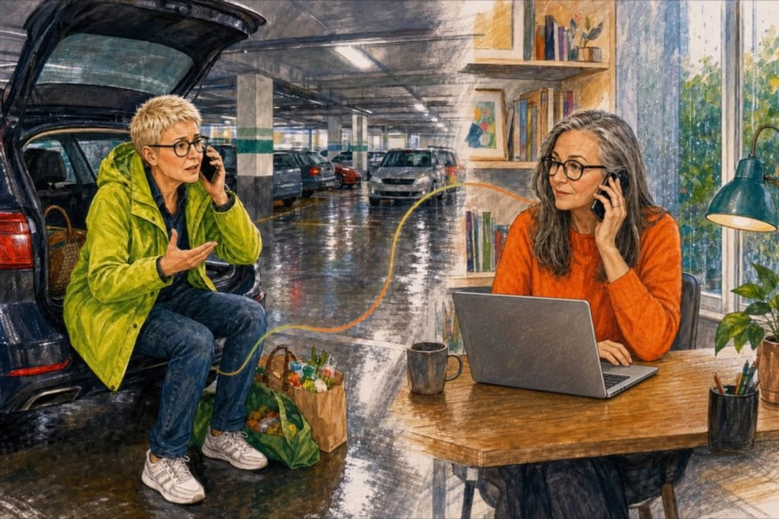 Deux femmes échangent au téléphone ; celle qui écoute est assise devant un ordinateur portable.
