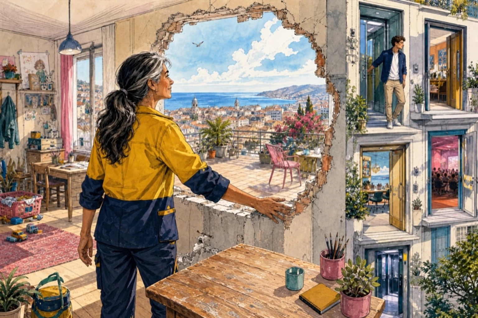 Une femme observe Nice et la mer à travers une ouverture dans un mur, un bras détendu le long du corps.