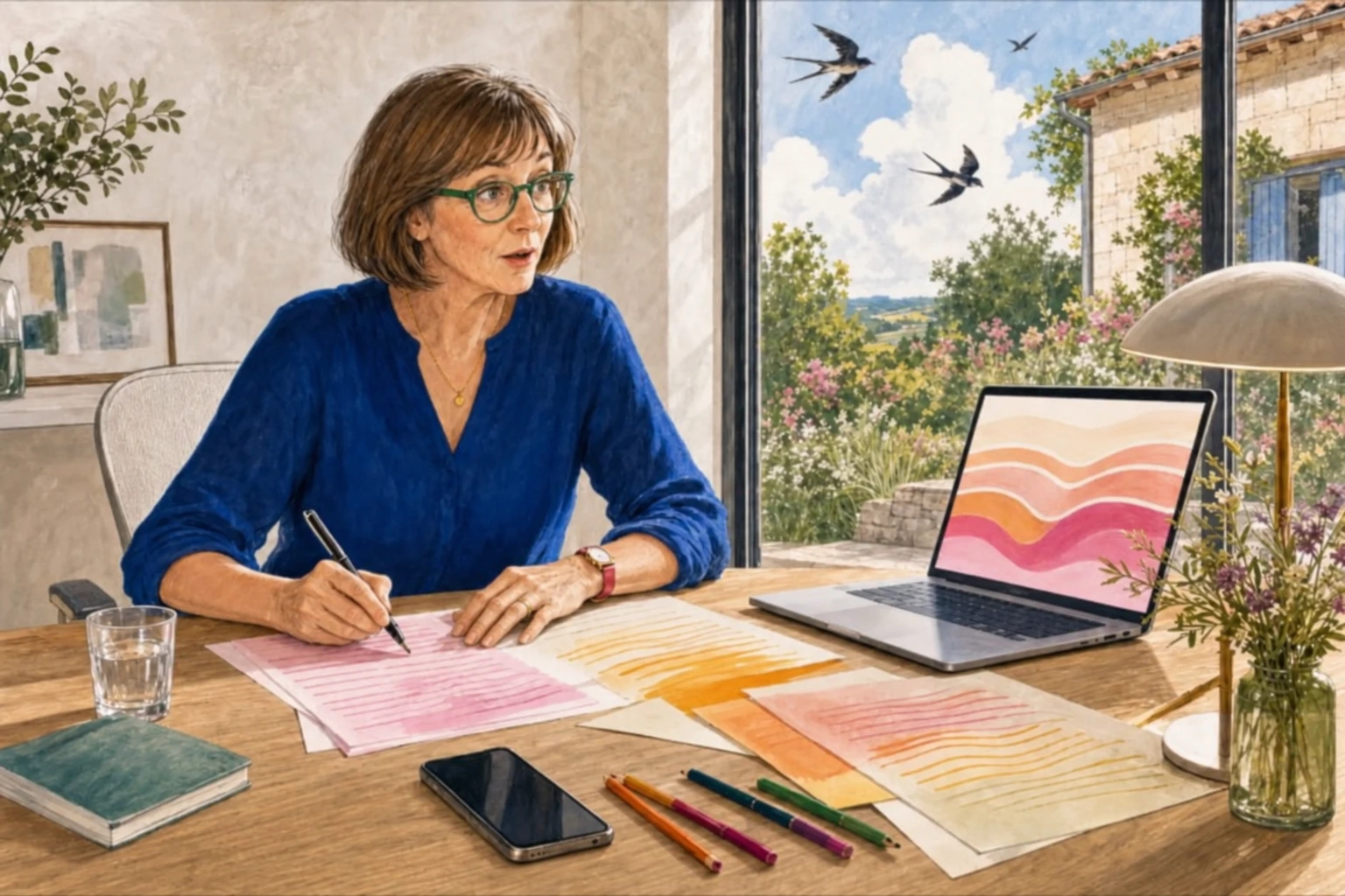 Une femme écrit à son bureau devant une fenêtre ouverte sur la campagne.