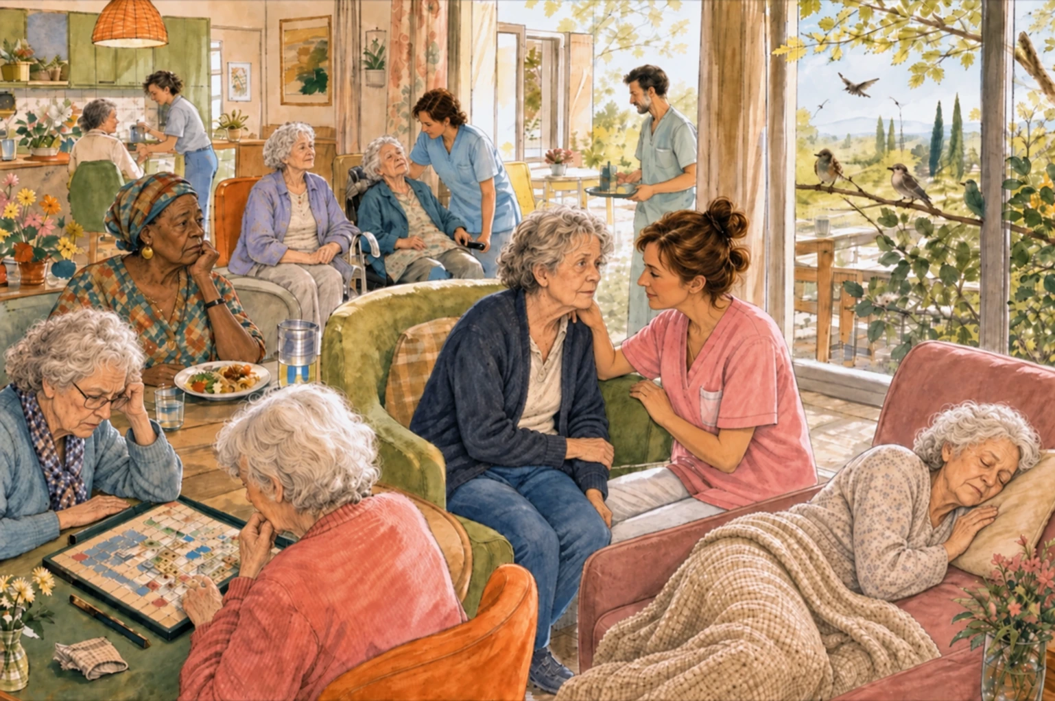 Résidentes et soignantes d’un Ehpad, aux expressions variées, réunies dans un salon lumineux.