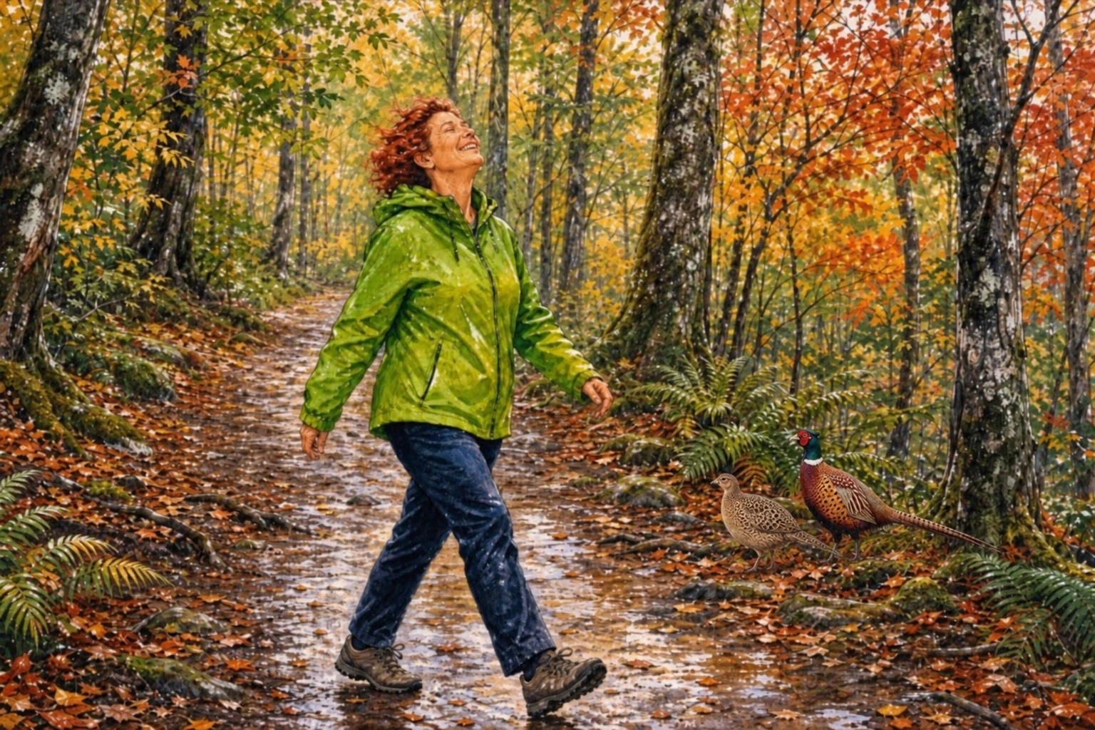 Une promeneuse profite de la forêt d’automne tandis qu’un couple de faisans se tient à la lisière du chemin.