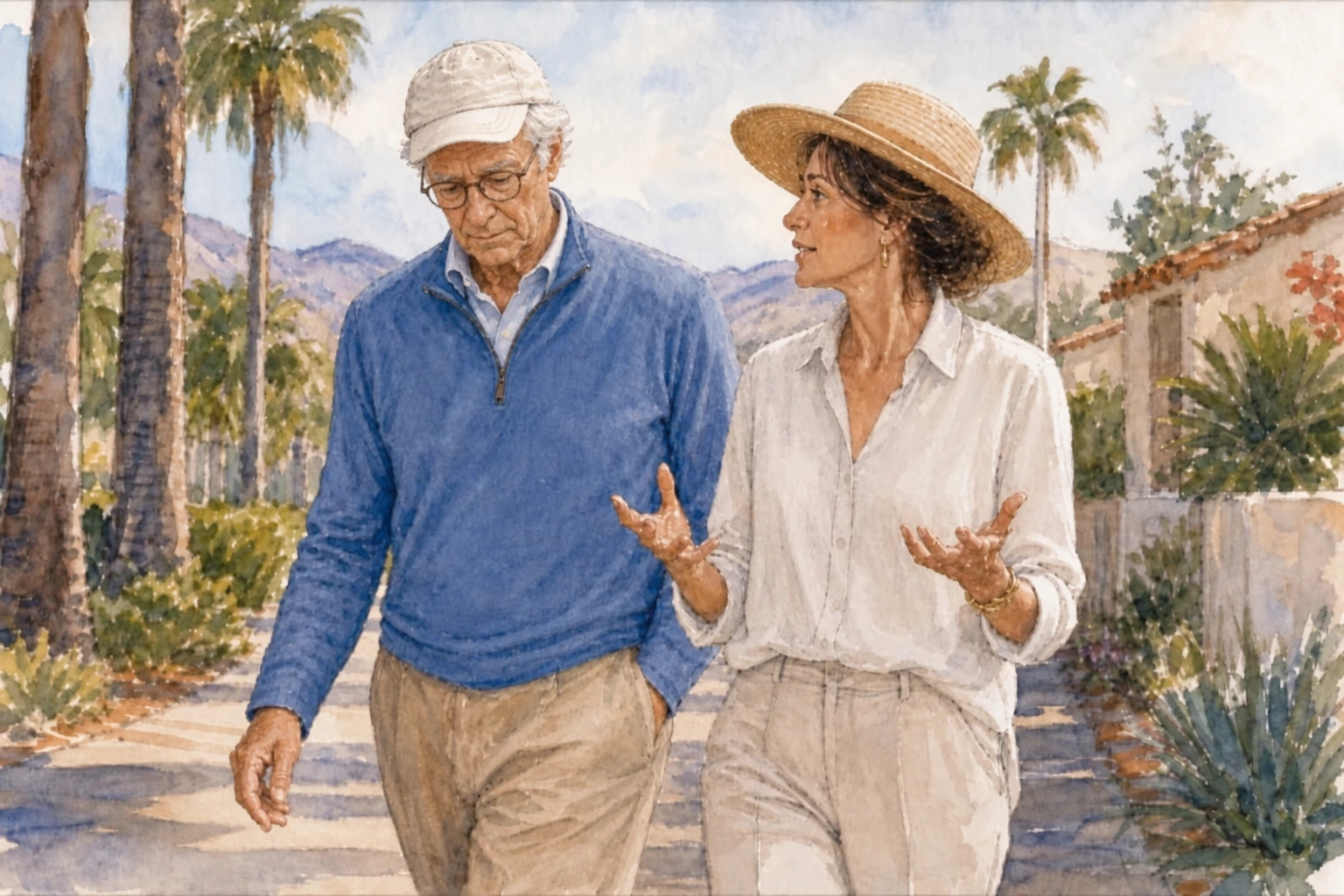 Un veuf marche sous les palmiers, le regard baissé et l’air introspectif, auprès d’une femme qui lui parle.