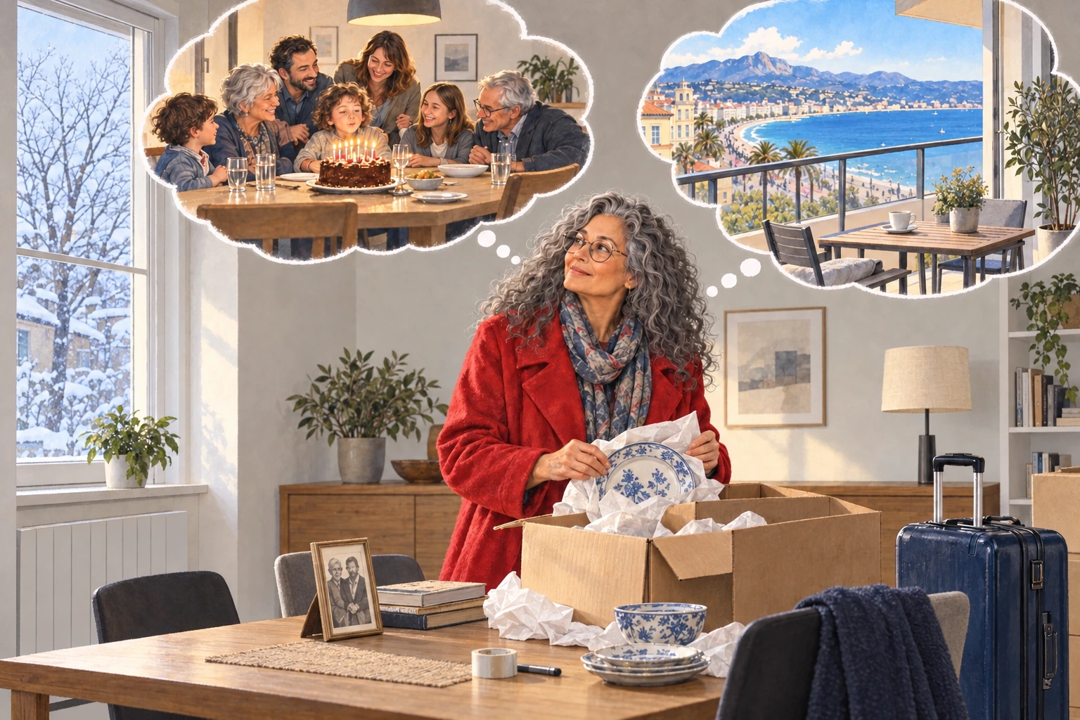 Une femme emballe la vaisselle familiale dans un intérieur contemporain, entre souvenirs de fête et départ pour Nice.