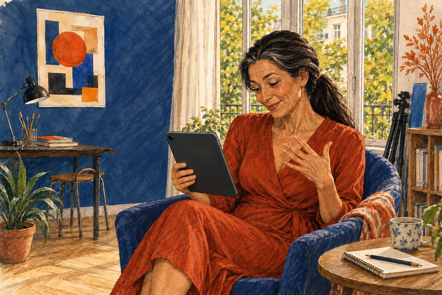 Une femme assise regarde un iPad dont l’écran est tourné vers elle.