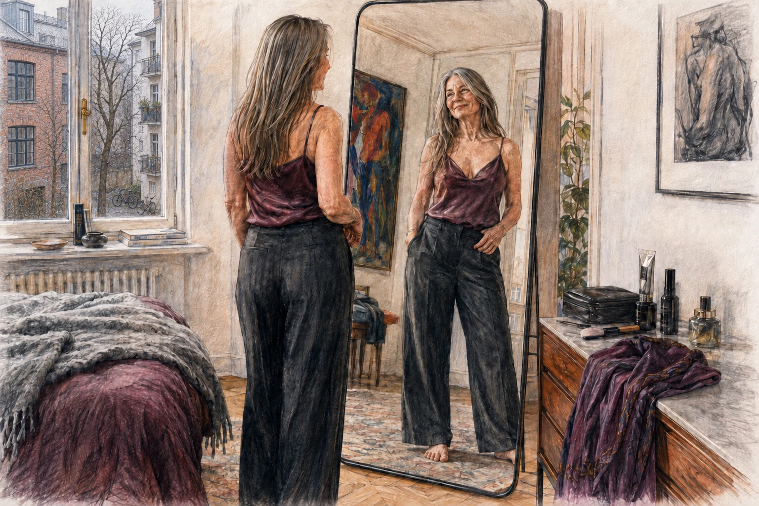 Une femme se regarde dans un miroir ; la fenêtre donne sur une cour berlinoise avec des briques, des balcons, des vélos et un arbre nu.