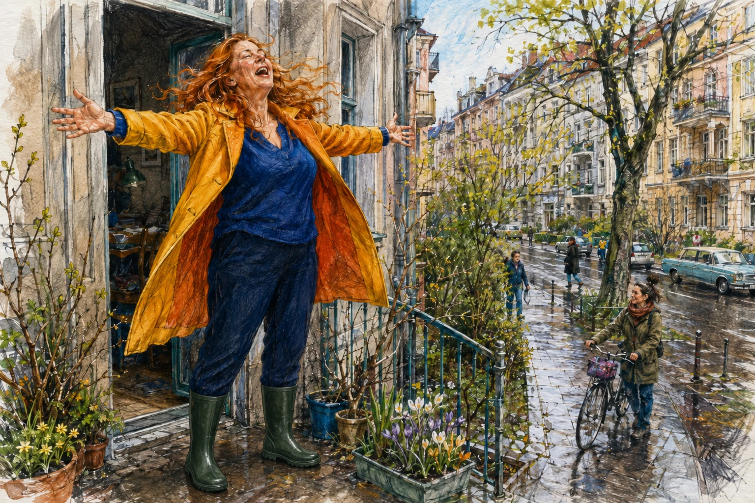 Sous la pluie, une femme en manteau jaune ouvre les bras sur son balcon, chaussée de bottes en caoutchouc.
