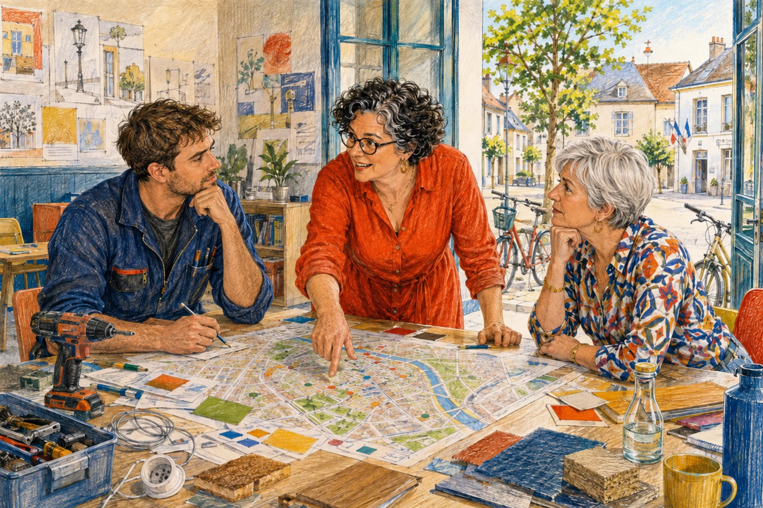 Autour d’un plan, une femme enthousiaste en orange échange avec deux interlocuteurs plus pensifs.