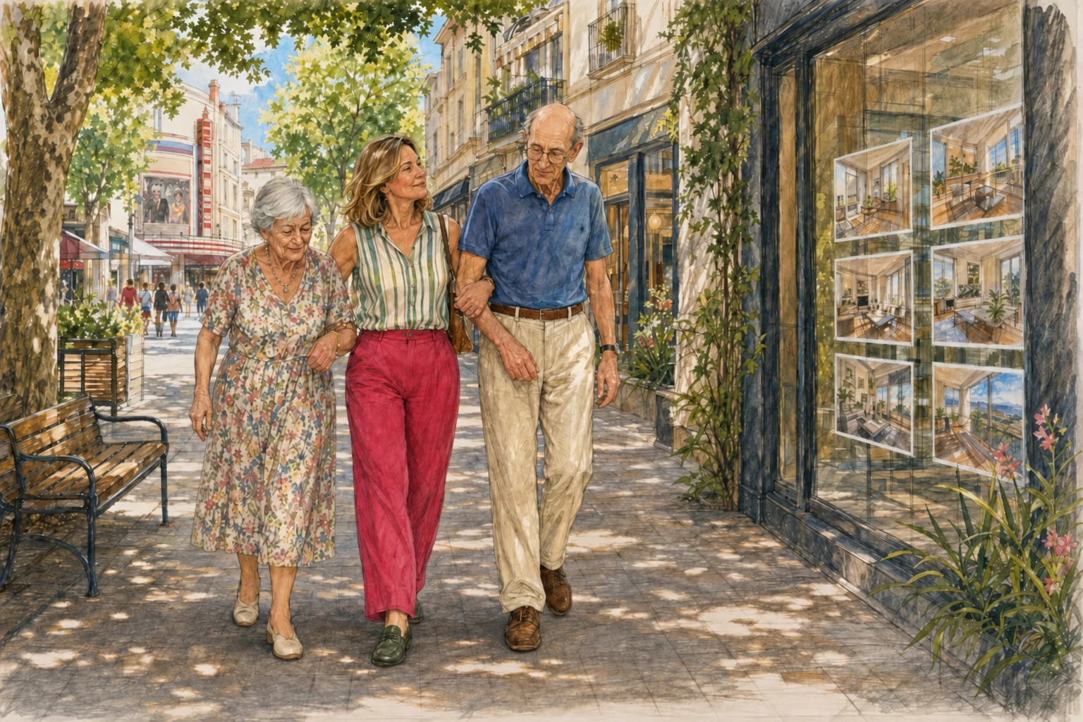 Une femme marche bras dessus bras dessous avec ses parents dans une rue ; sa mère avance sans canne.