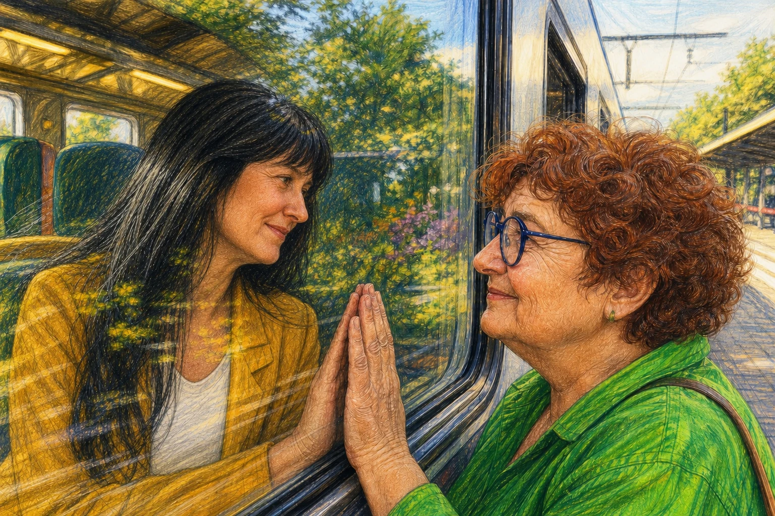 Deux femmes se disent au revoir de part et d’autre d’une vitre de train, leurs paumes se rejoignant.