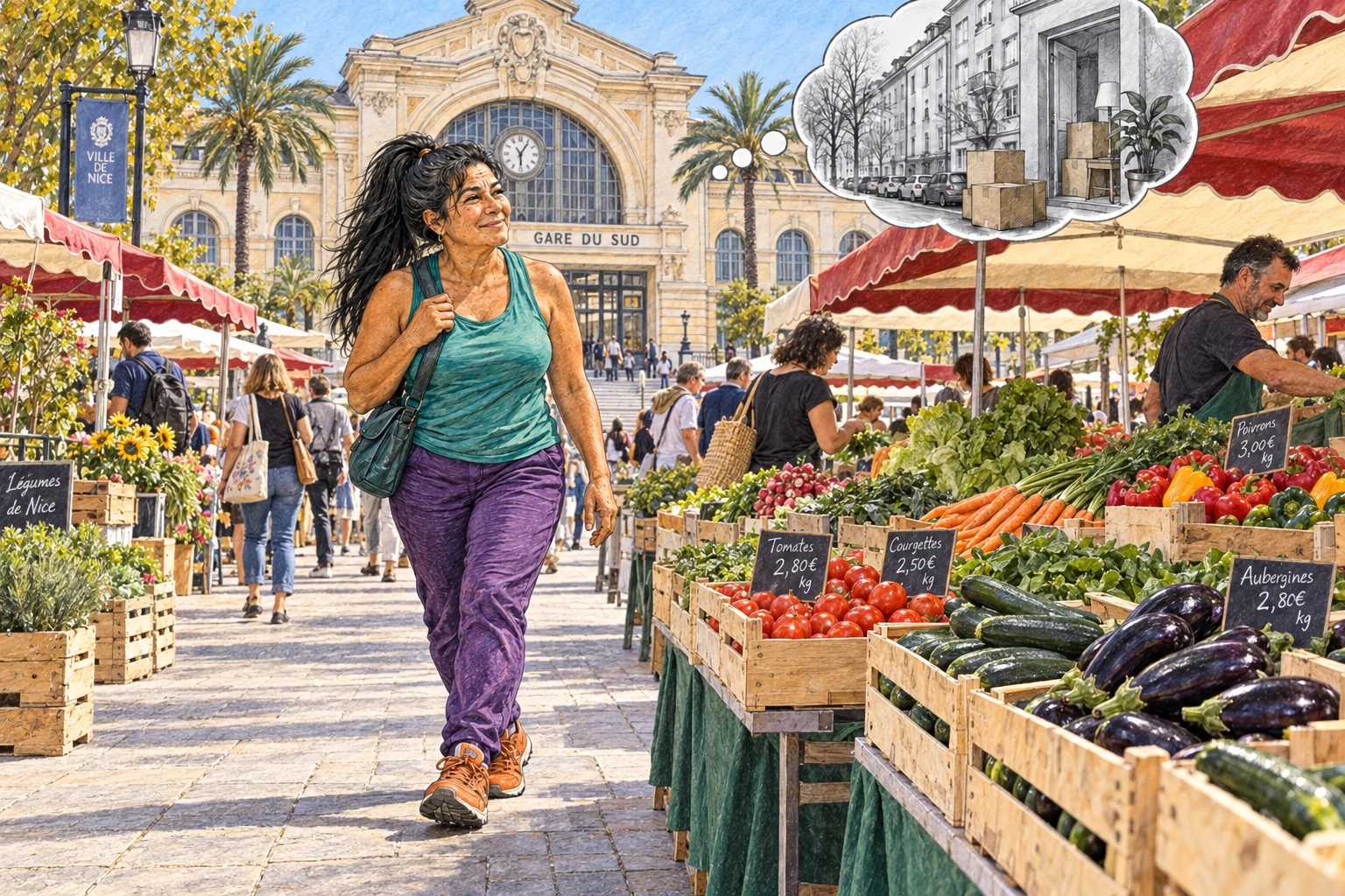 Une femme longe les étals de légumes du marché de la Libération à Nice, devant la gare du Sud ; une bulle évoque Berlin et un déménagement.