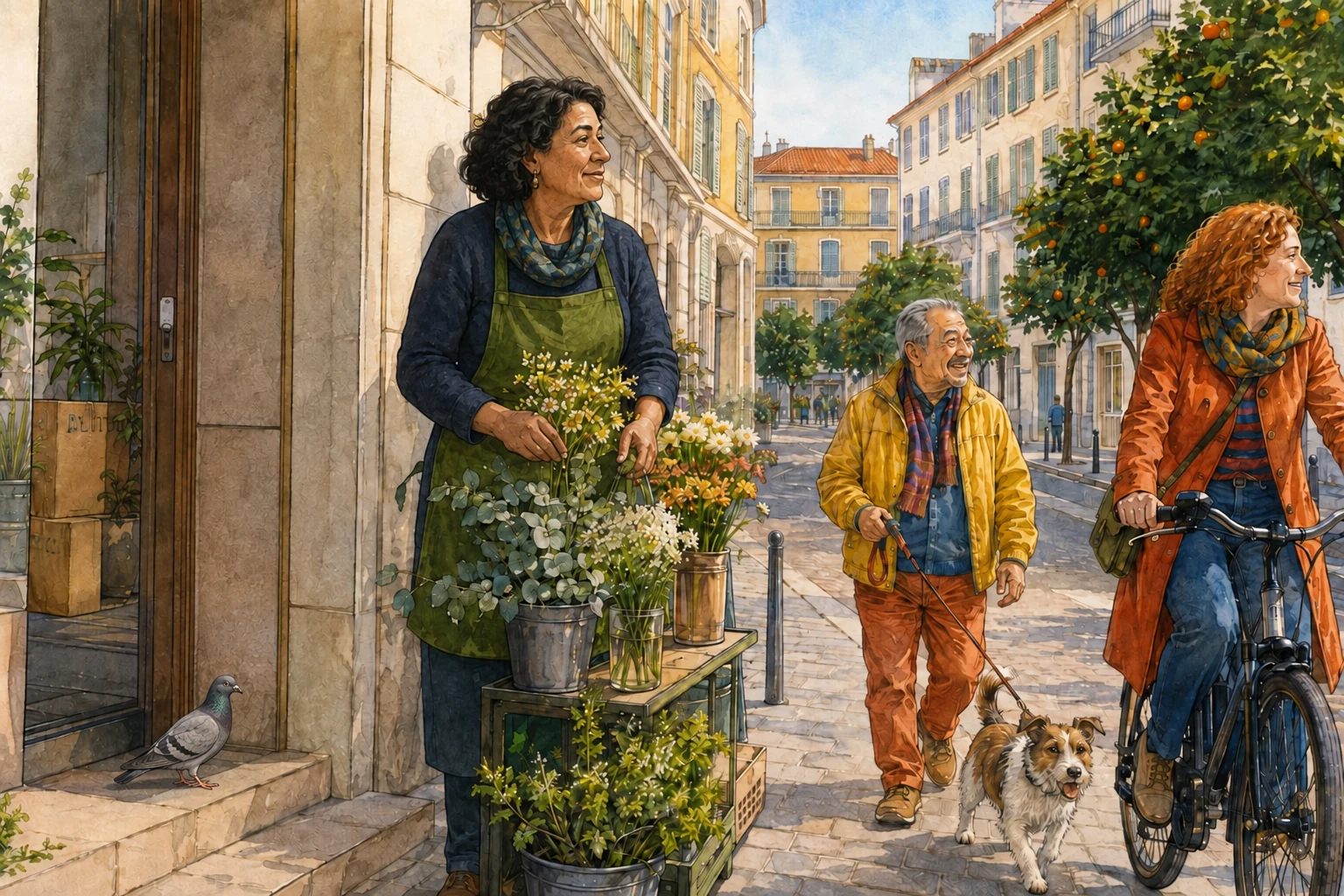 Une scène de quartier près d’une boutique de fleurs, avec un pigeon posé sur la marche.