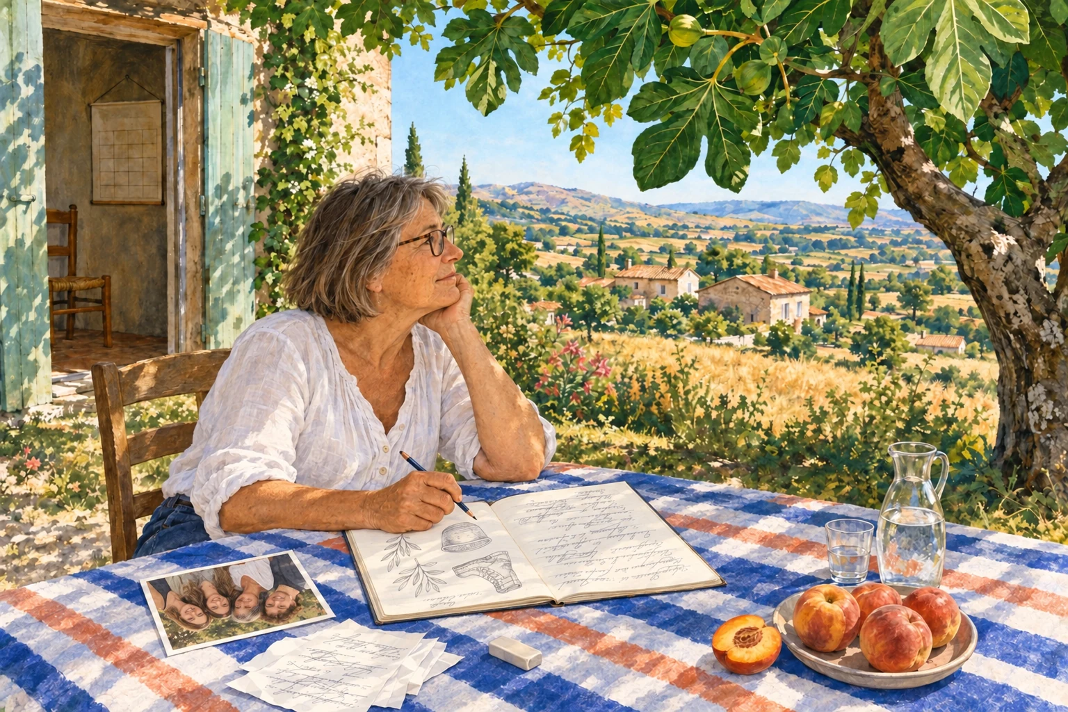 Une femme écrit sous un figuier ; le cahier et la photographie sur la table sont tournés vers elle.