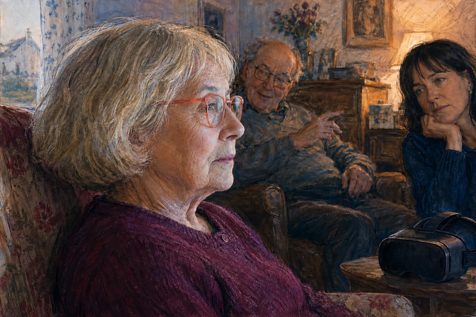 Une mère âgée au regard perdu et sa fille à l’expression résignée devant la télévision.