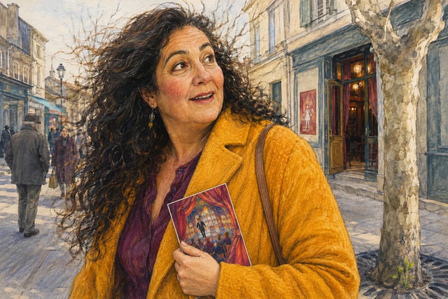 Devant un théâtre, une femme tient naturellement son programme contre elle.