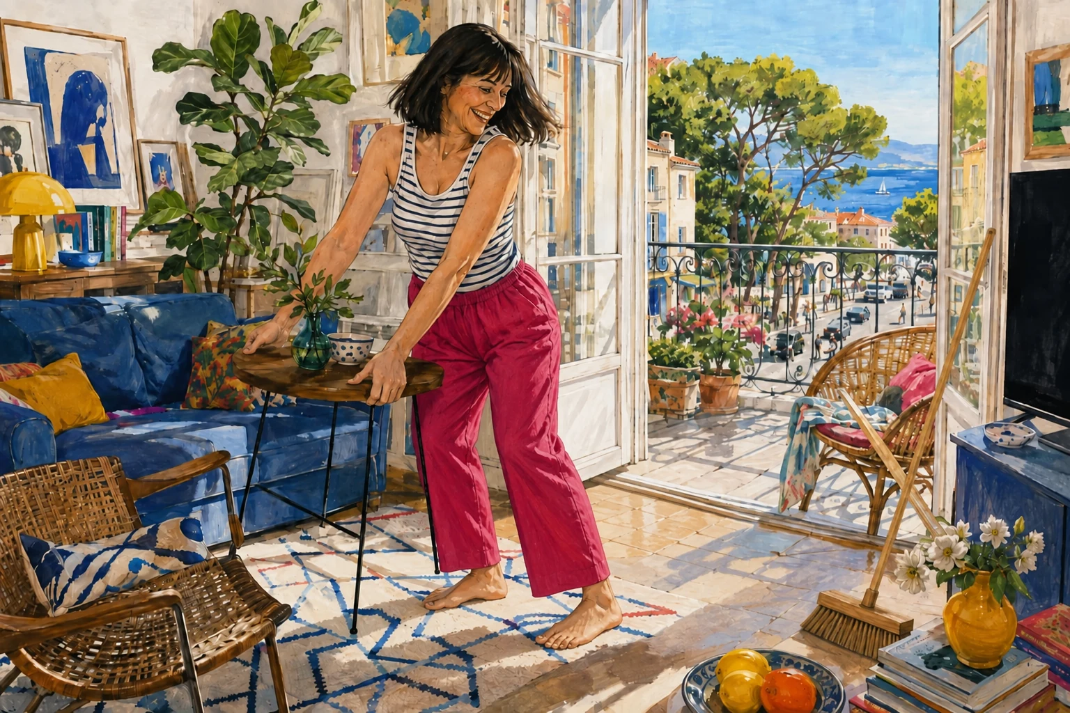 Une femme déplace une petite table dans son salon, les deux pieds posés naturellement au sol.