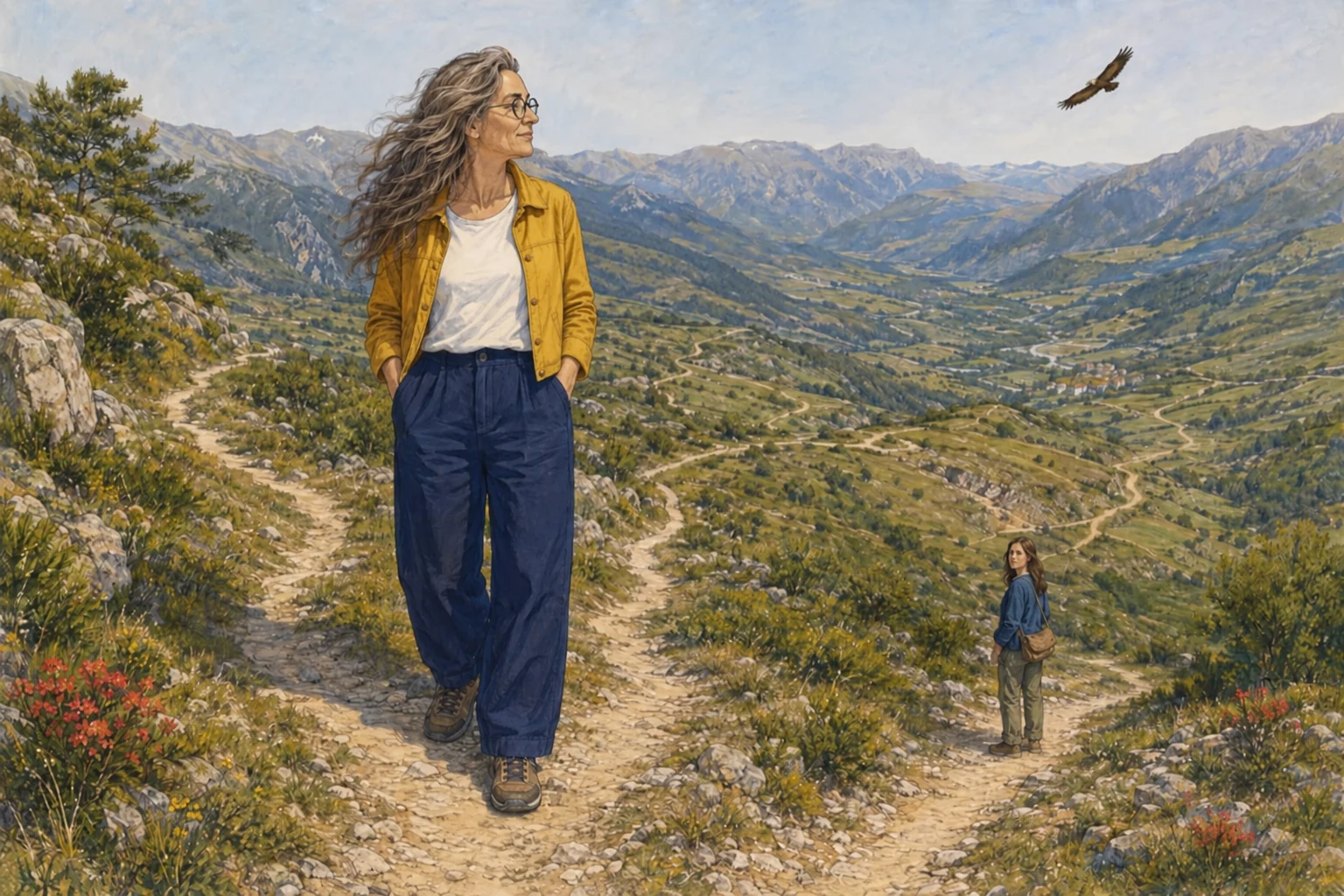 Sur un sentier de montagne, une femme grisonnante marche les deux mains dans les poches.