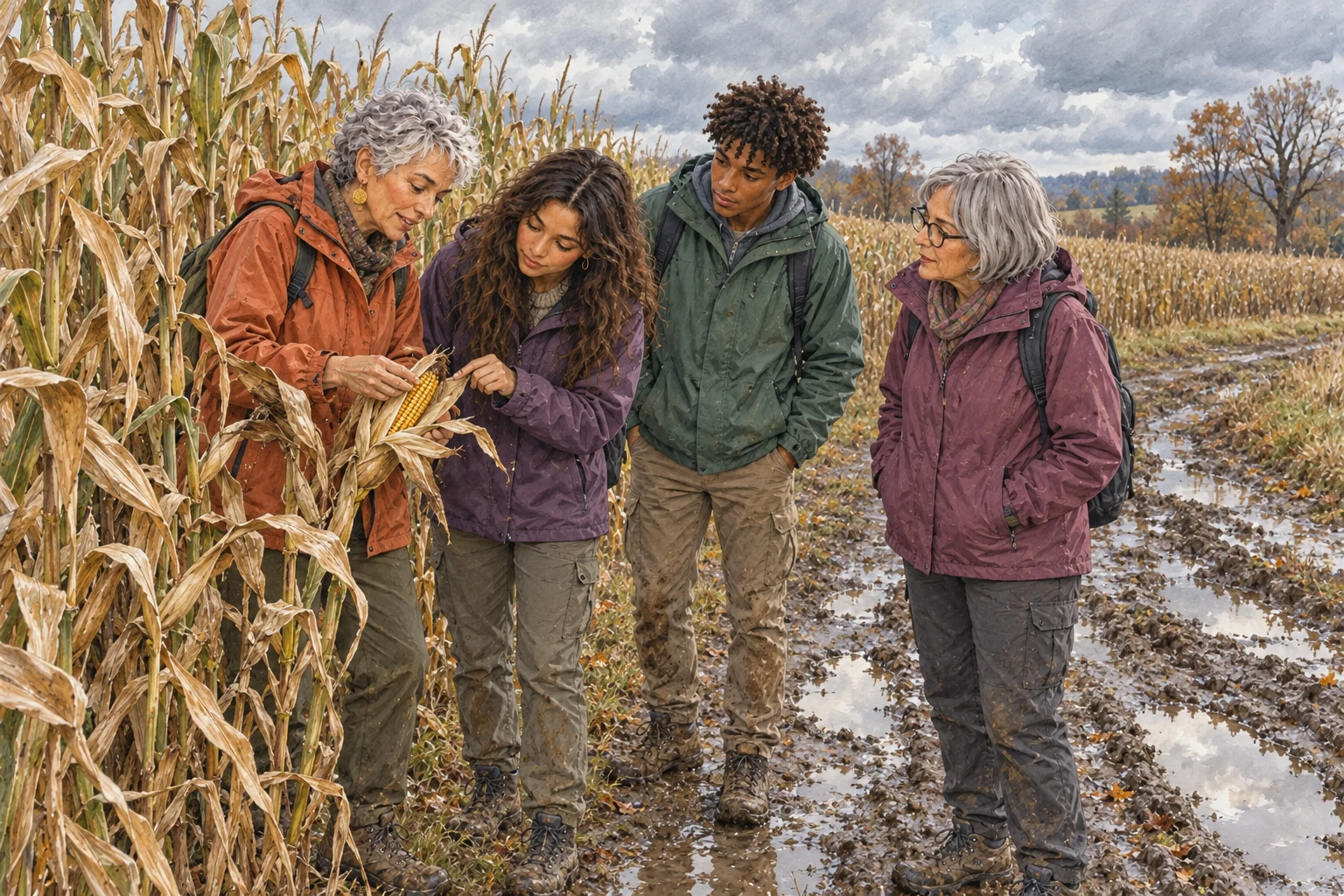 Au bord d’un champ de maïs presque sec, deux femmes de 50 et 60 ans montrent un épi à deux jeunes, sous les nuages et près des flaques d’un chemin automnal.