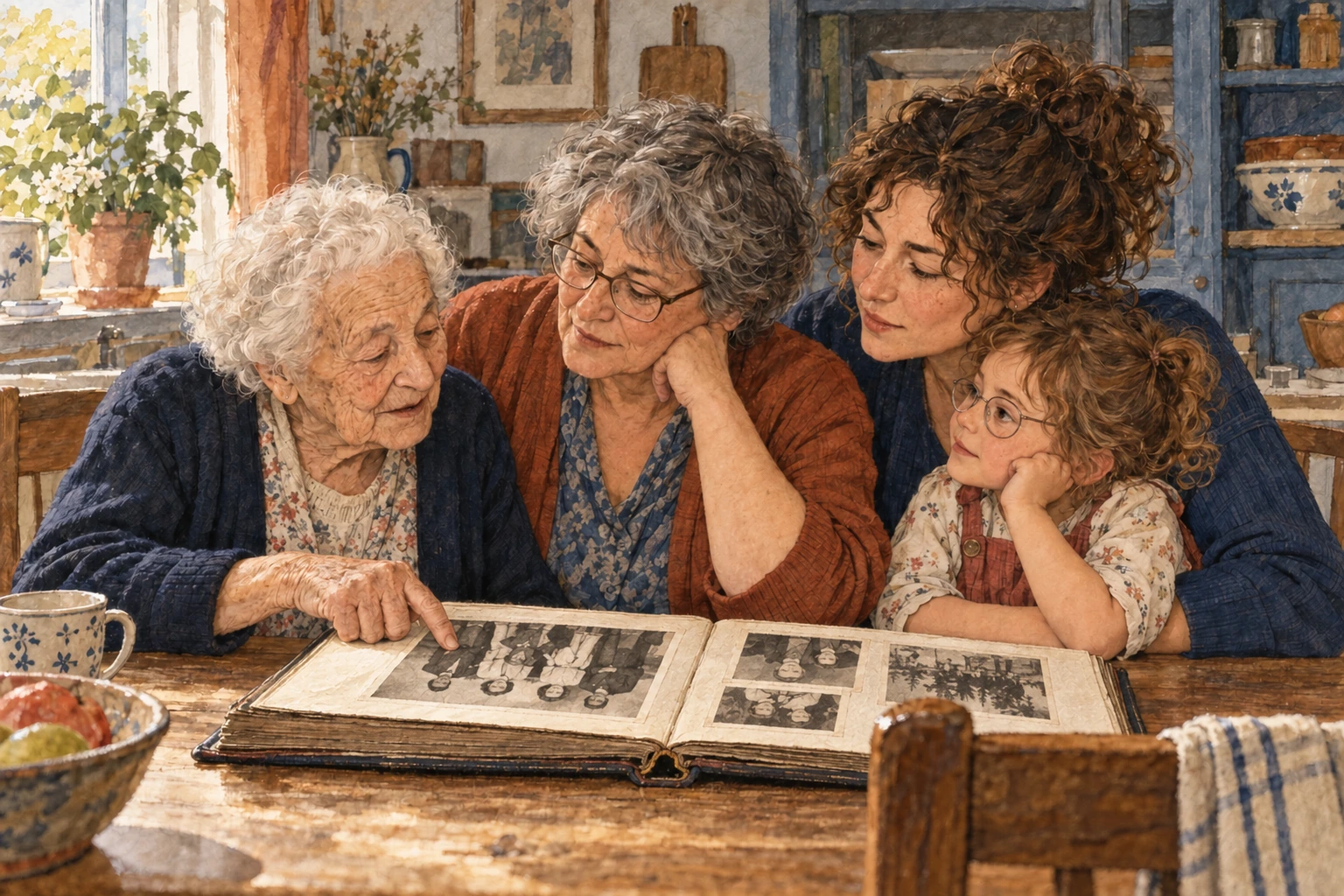 Quatre générations réunies autour d’un album de famille tourné vers elles ; la petite fille porte des lunettes.
