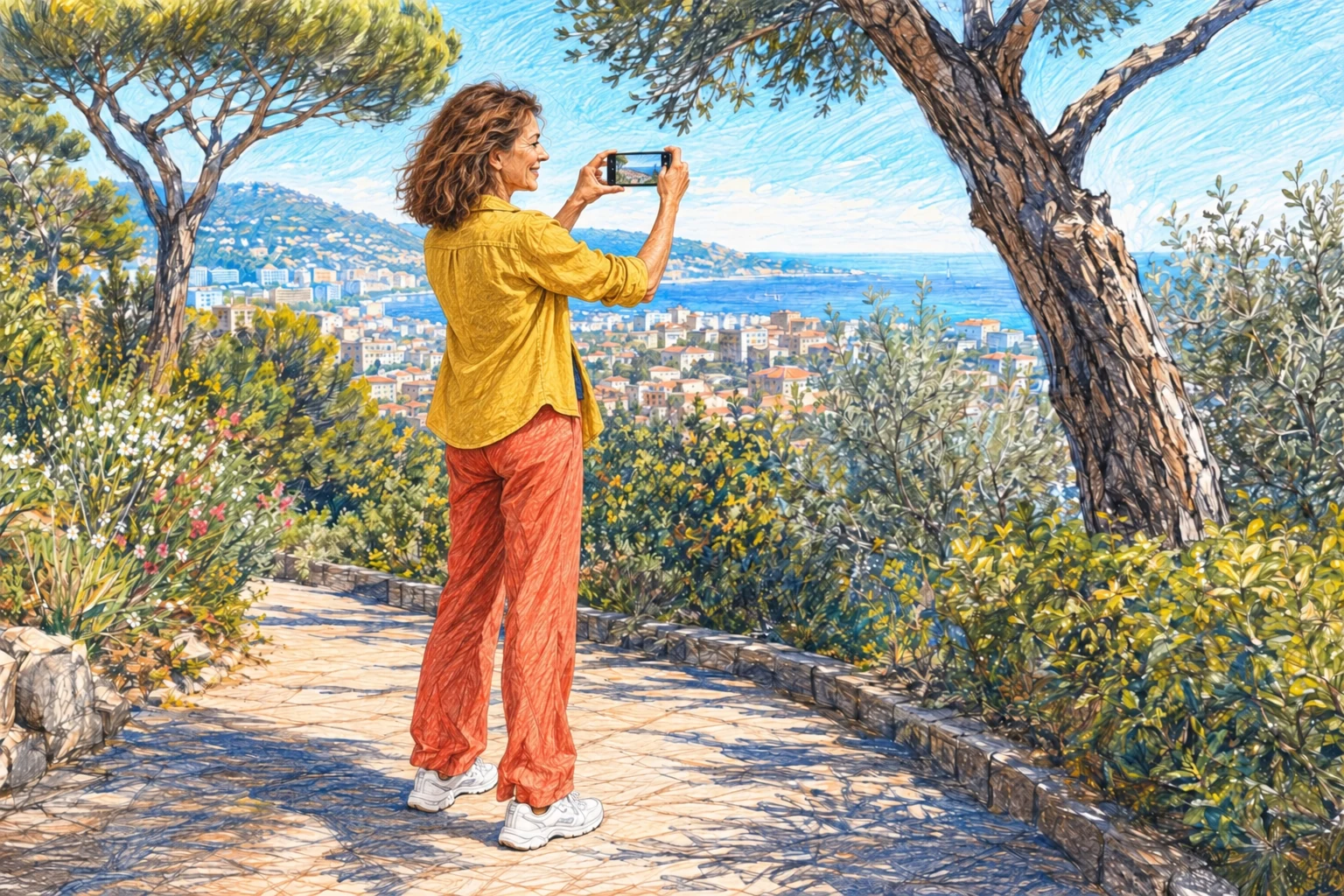 Une femme aux cheveux souplement ondulés, vêtue d’une chemise jaune portée naturellement, photographie Nice et la baie avec son téléphone.