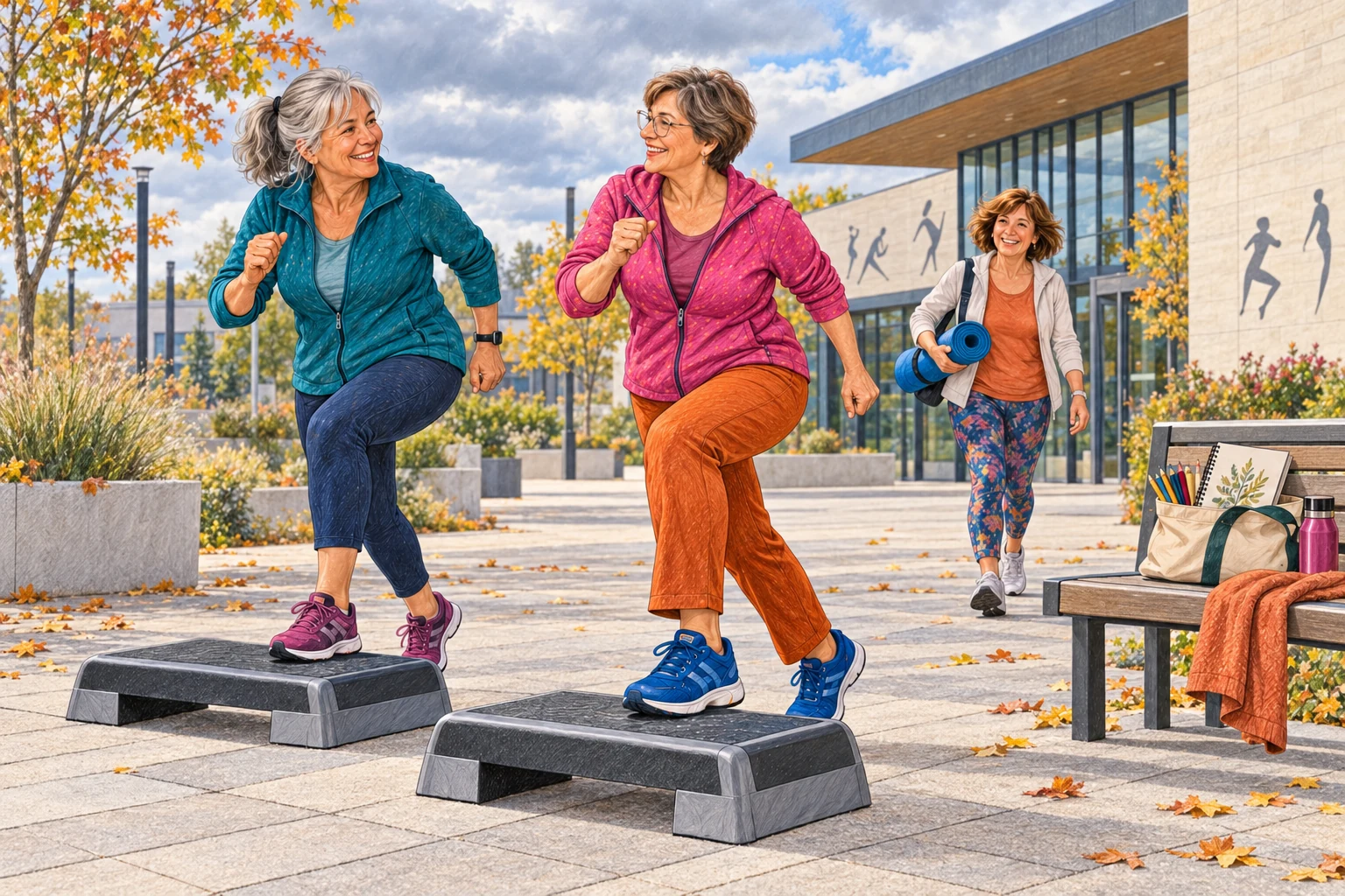 Trois amies d’une soixantaine d’années se retrouvent pour une séance de sport sur une esplanade, sous un ciel mêlant nuages et éclaircies.