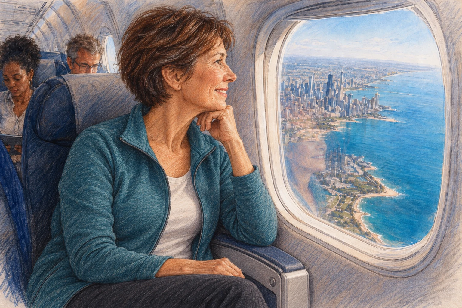Une voyageuse mûre à la coupe courte et à l’allure sportive regarde le paysage côtier par le hublot d’un avion, sans plateau-repas devant elle.