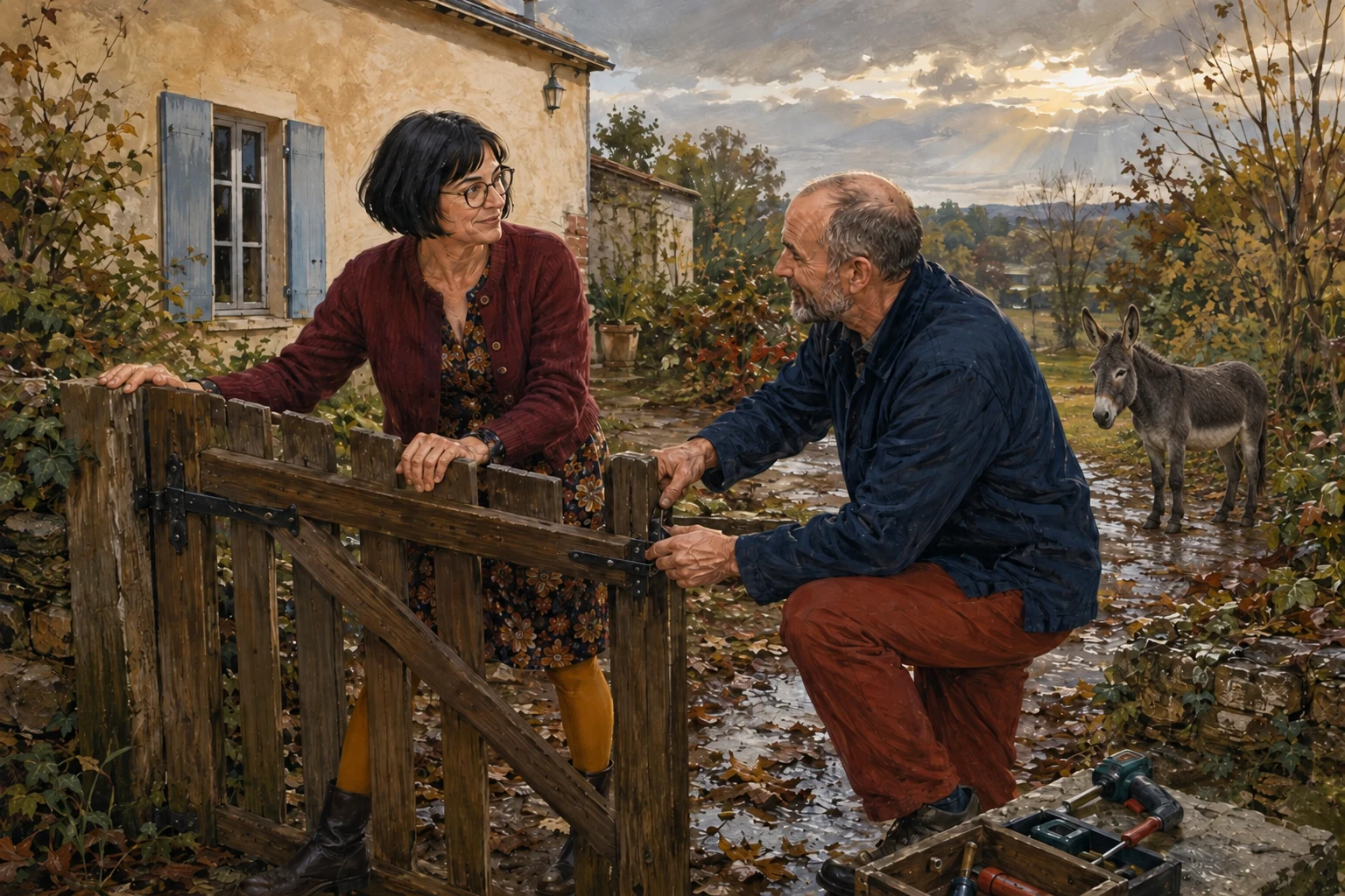 Un couple répare un portail en bois devant une maison de campagne ; un âne gris se tient derrière l’homme, sur le chemin humide.