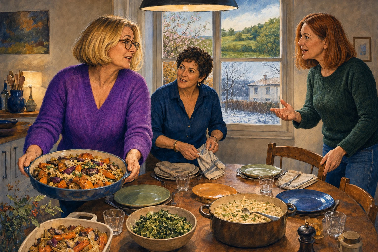 Trois femmes mûres échangent avec passion et attention en préparant le repas, avec des regards croisés et des gestes expressifs.